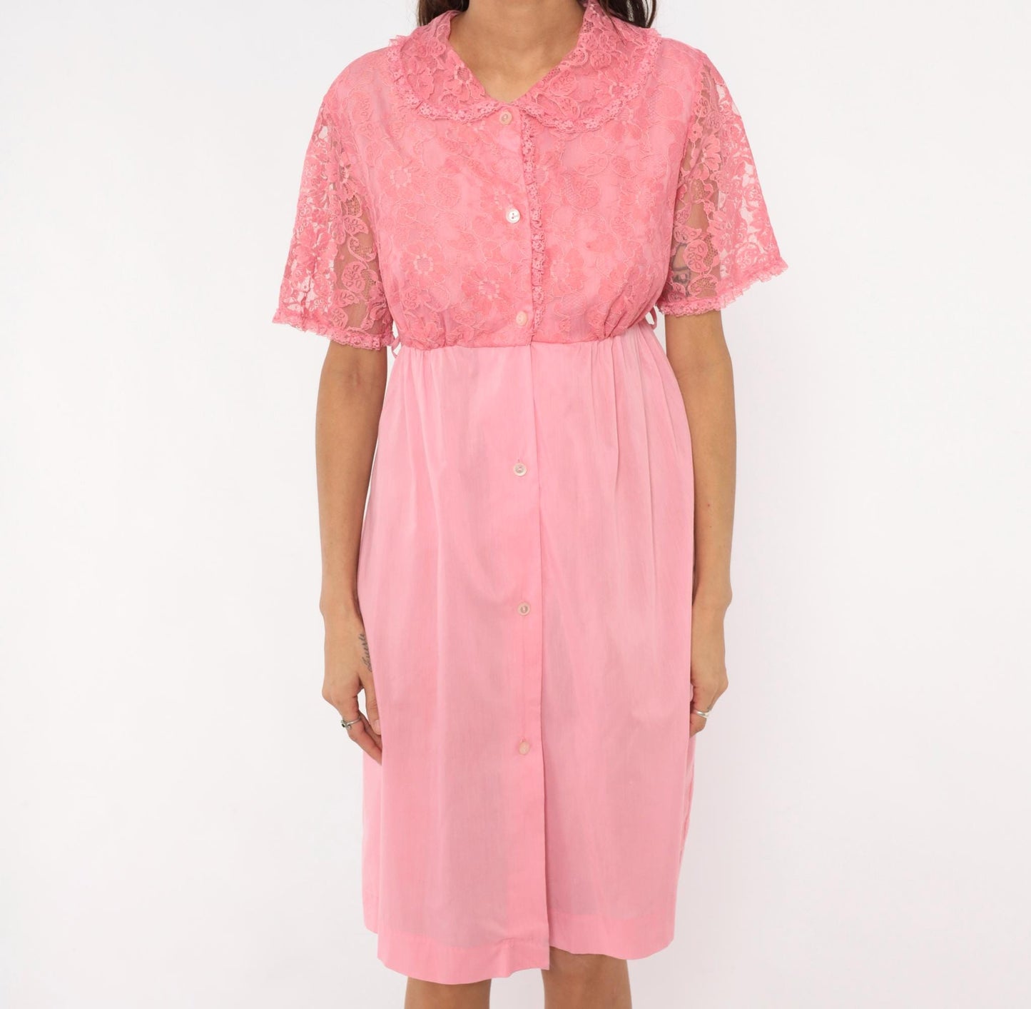 80s Pink Lace Housecoat Button Front Floral Nightgown Large L