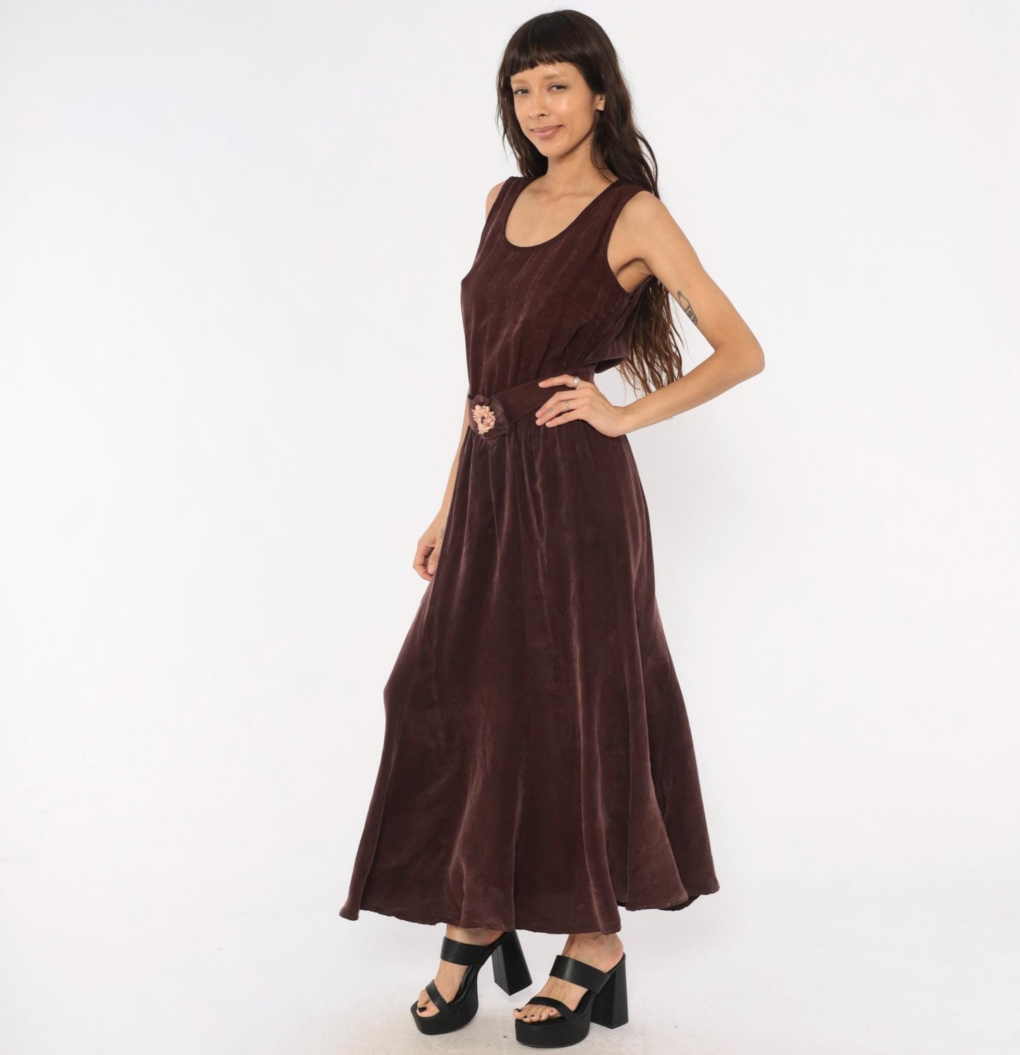 90s Plum Velvet Maxi Dress Sleeveless Scoop Neck Floral Belt Small Medium