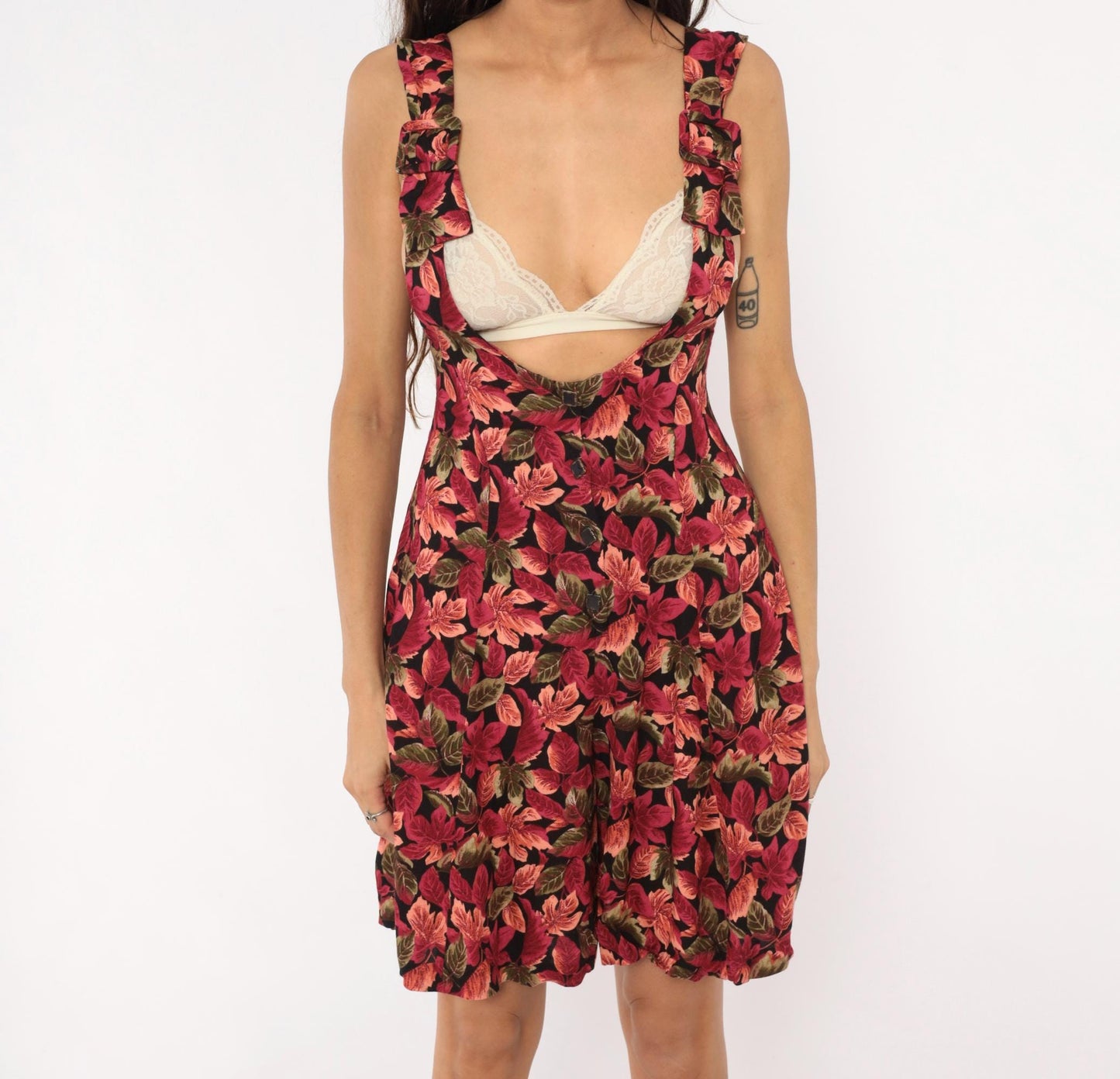 90s Ivy Impressions Leaf Print Romper Wide Leg Burgundy Black Small S