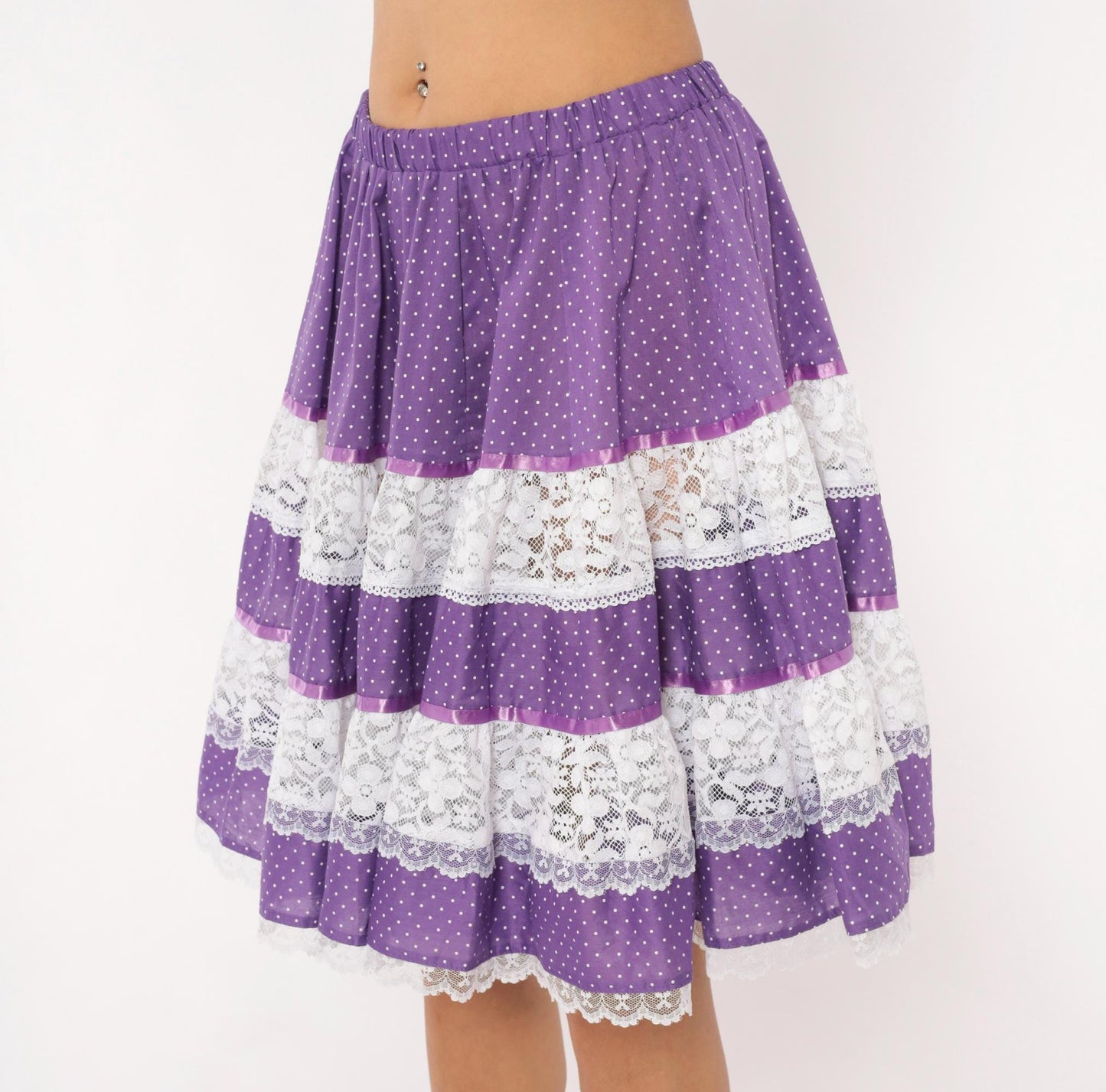 80s Purple Polka Dot Tiered Skirt Carefree Fashions Lace Trim Cotton Medium