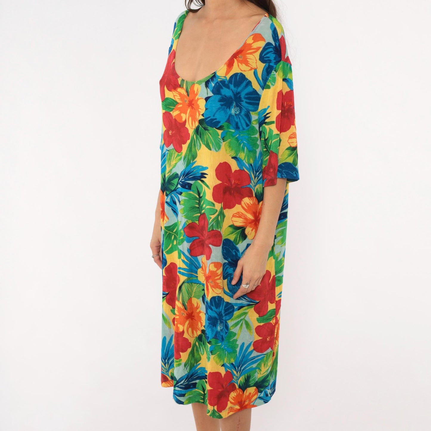 90s Slinky Brand Tropical Hibiscus Dress Scoop Neck Half Sleeve Plus Size XXL