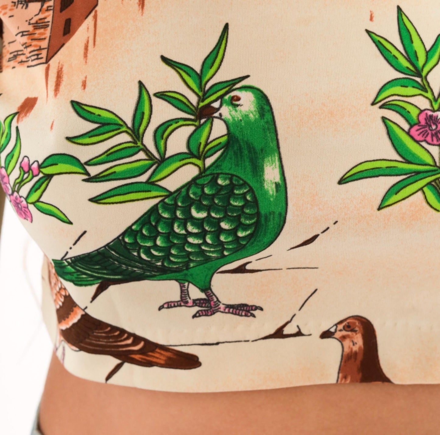 70s Pigeon Crop Top Novelty Bird Print Scoop Neck Fitted Small