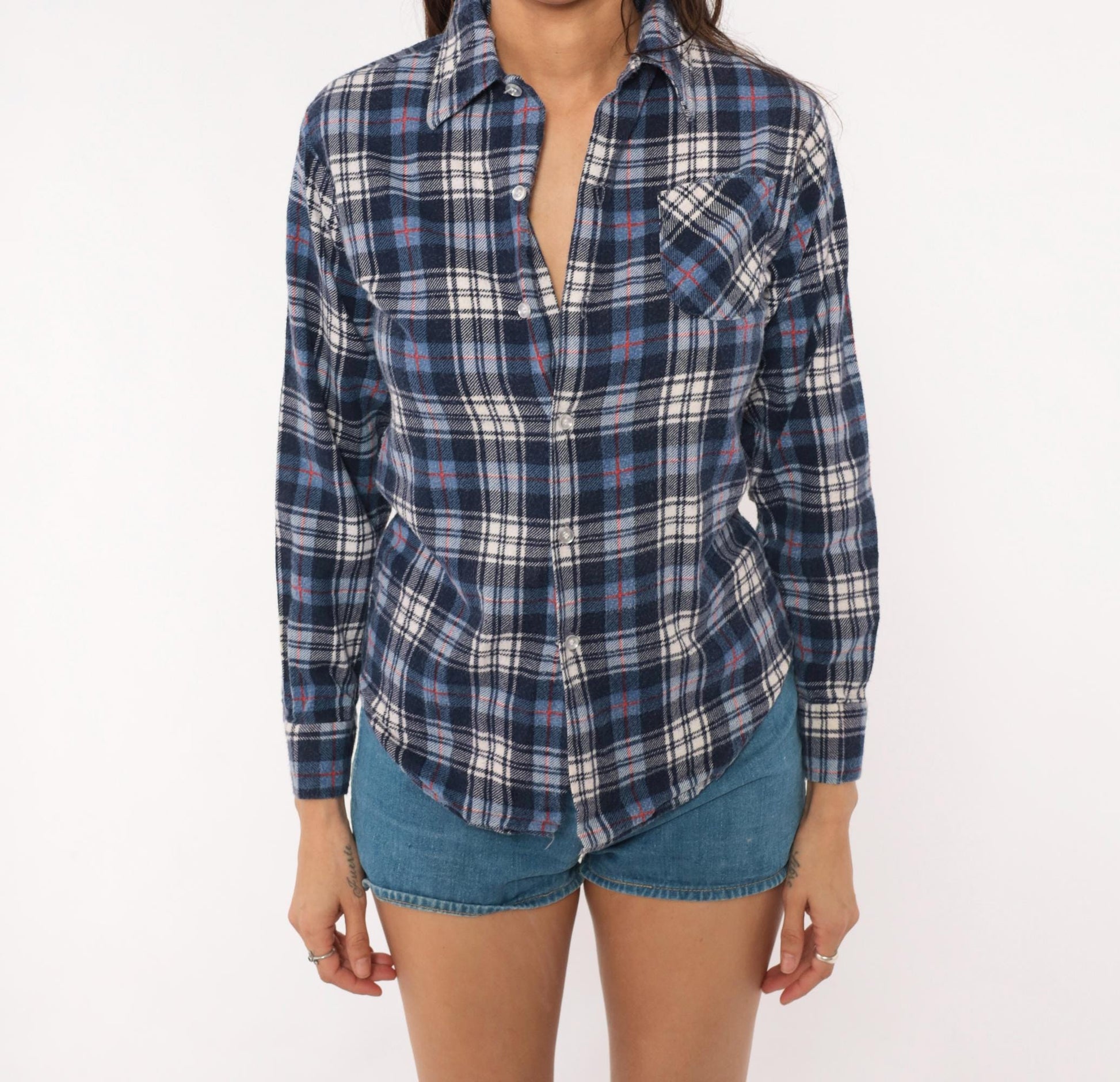 80s JC Penney Navy Plaid Flannel Shirt Cotton Button-Up XS