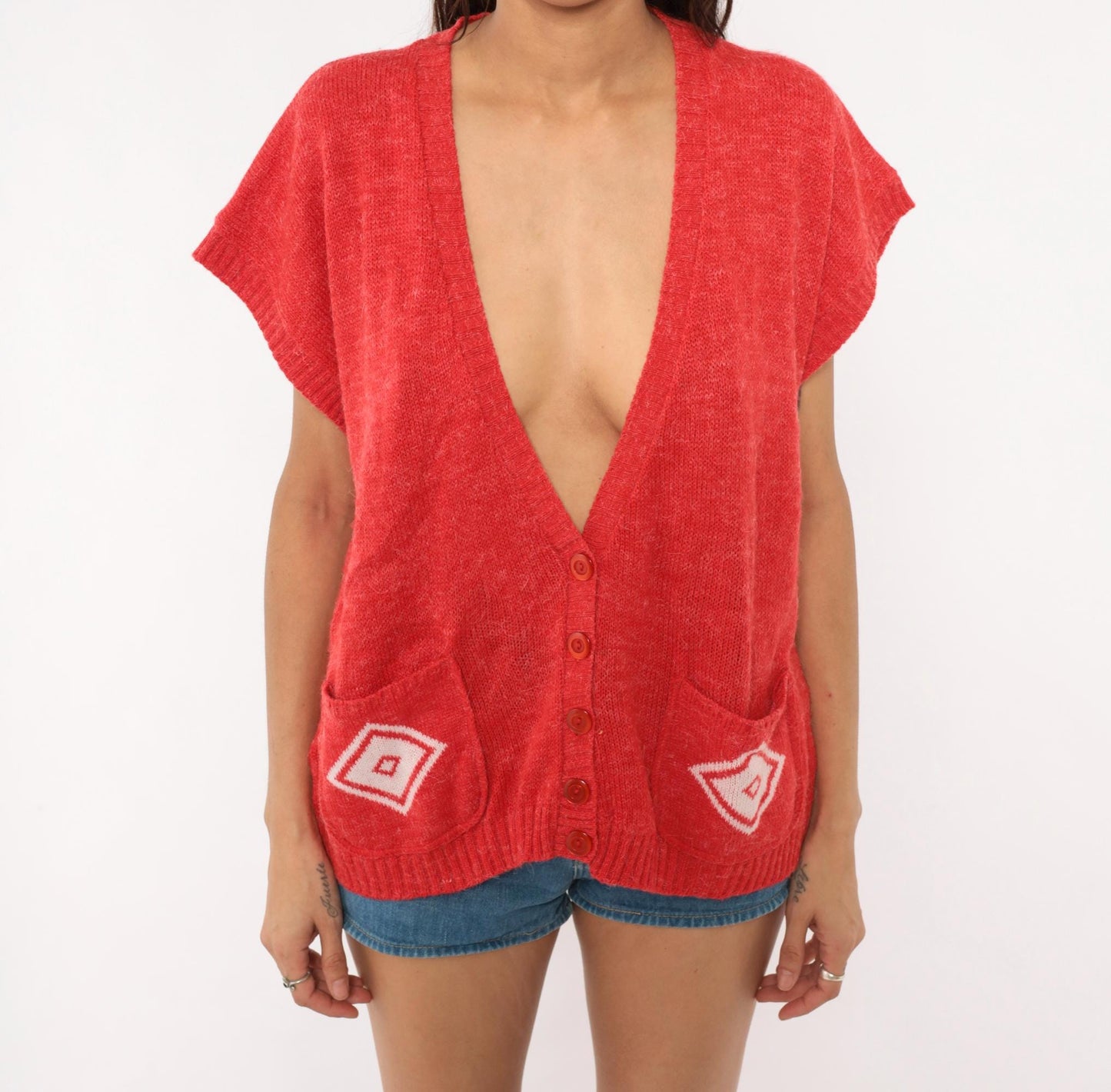 80s Red Knit Vest Button Front V Neck Diamond Pocket Cardigan Large L