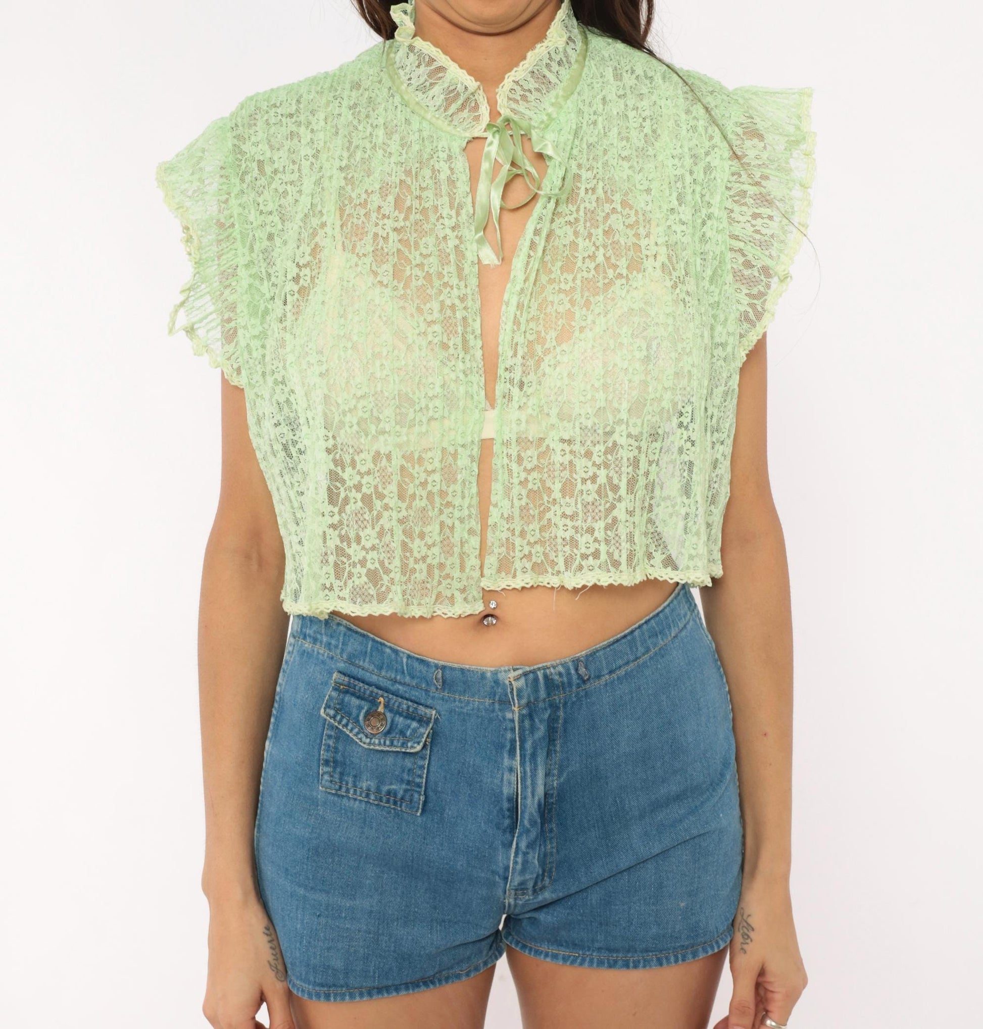 70s Mint Green Lace Crop Top Floral Sheer Ruffle Collar Small