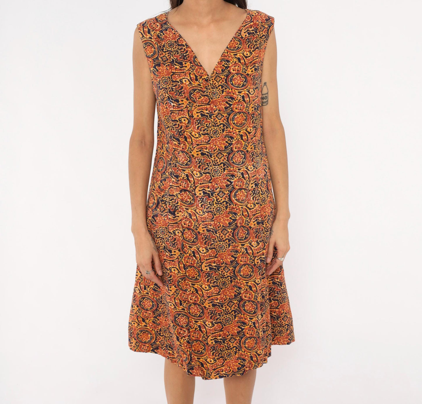 70s Batik Sundress Navy Rust Brown Paisley Floral Cotton V-Neck Medium M