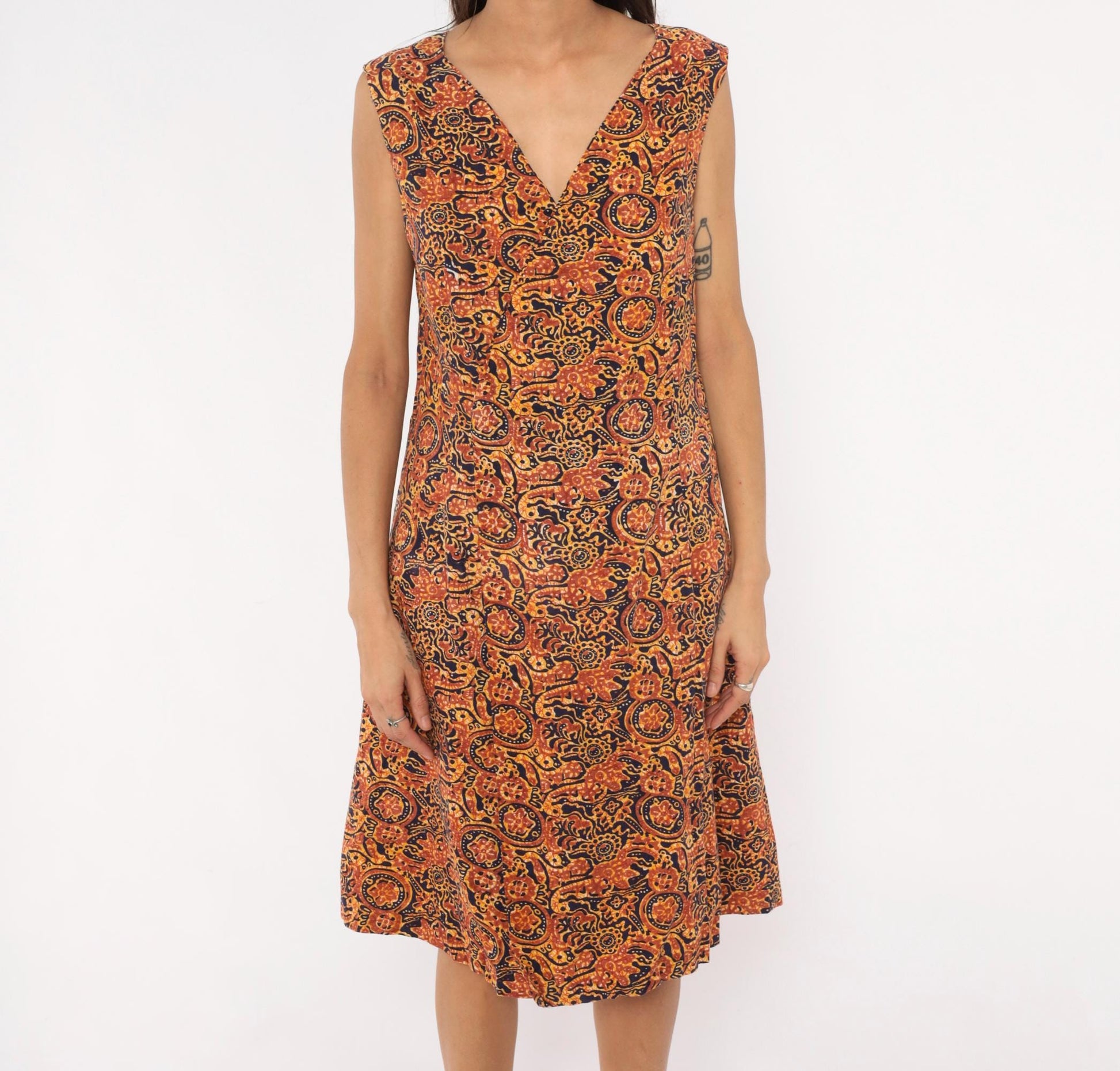 70s Batik Sundress Navy Rust Brown Paisley Floral Cotton V-Neck Medium M