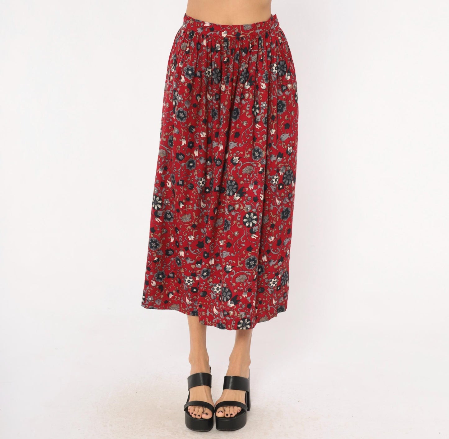 80s David Brooks Floral Midi Skirt Crimson Botanical Gathered Waist Small
