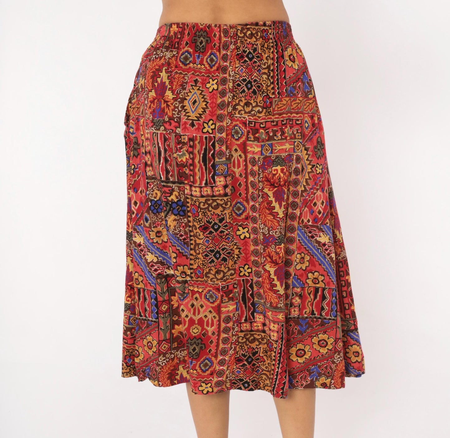 90s Block Island Patchwork Midi Skirt Kilim Print Red Burgundy Small