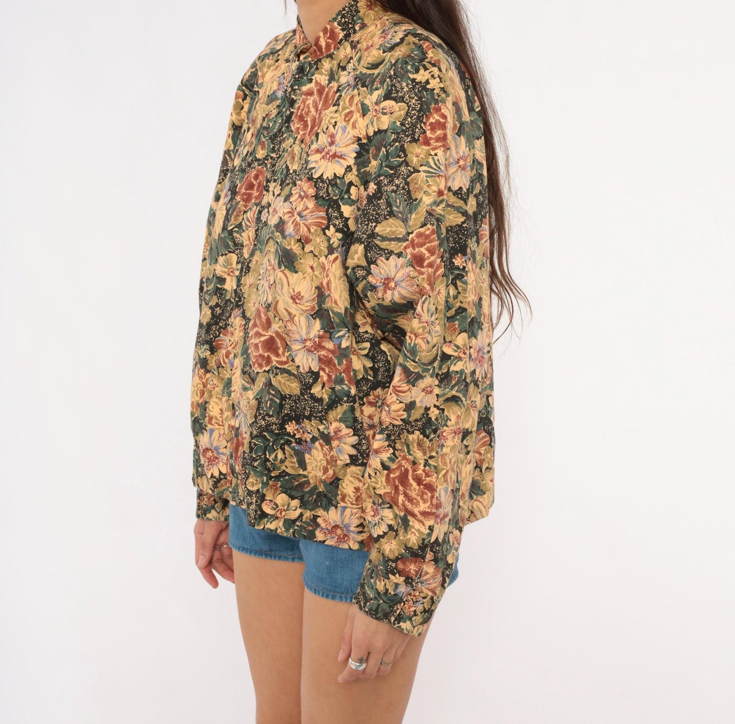 90s On The Verge Floral Tapestry Bomber Jacket Cotton Botanical Tan Burgundy Medium