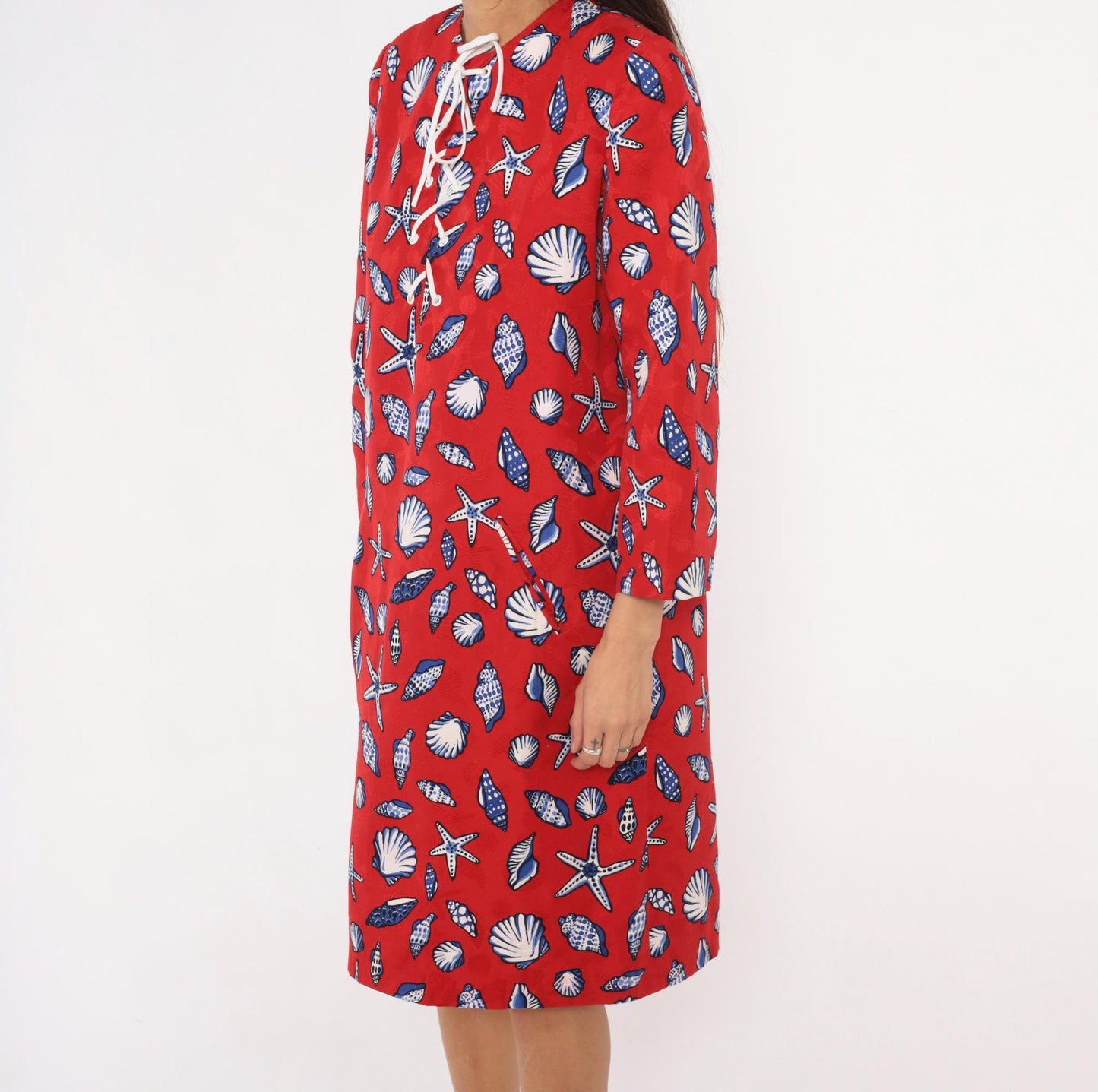 70s Bill Blass Seashell Starfish Print Shift Dress Red Cotton Lace-Up Large L