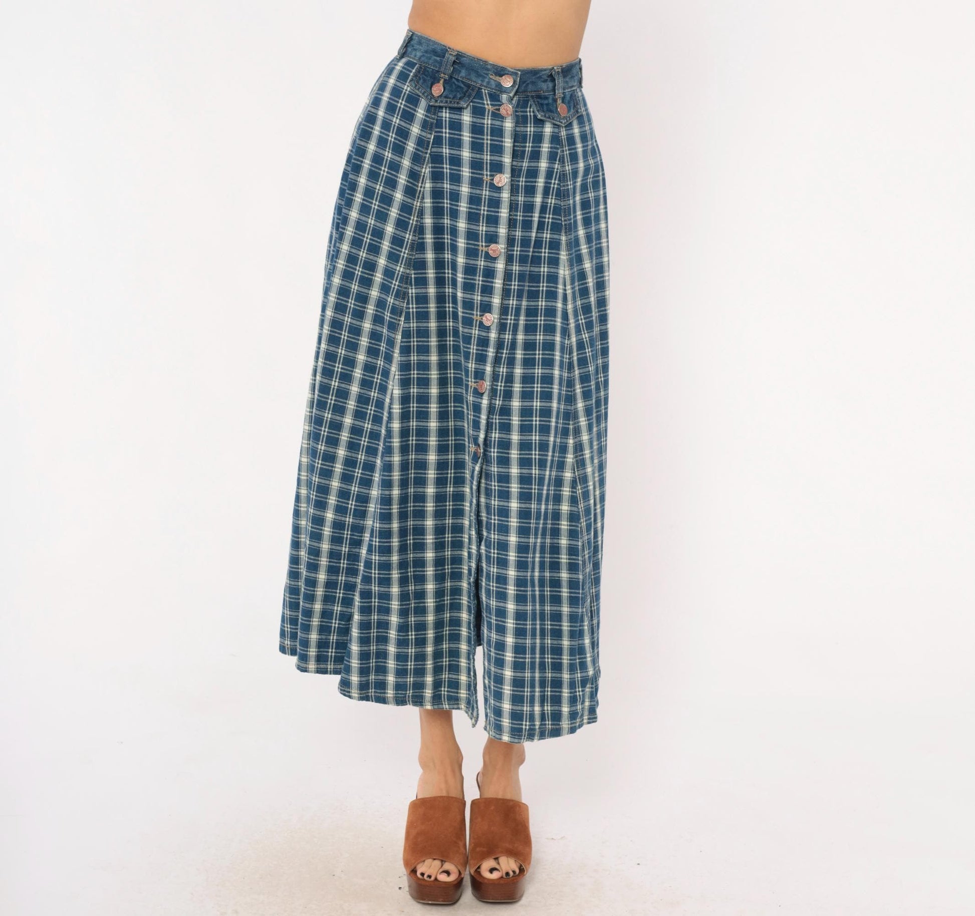 90s Outlaw Blue Plaid Cotton Midi Skirt Button Front XS