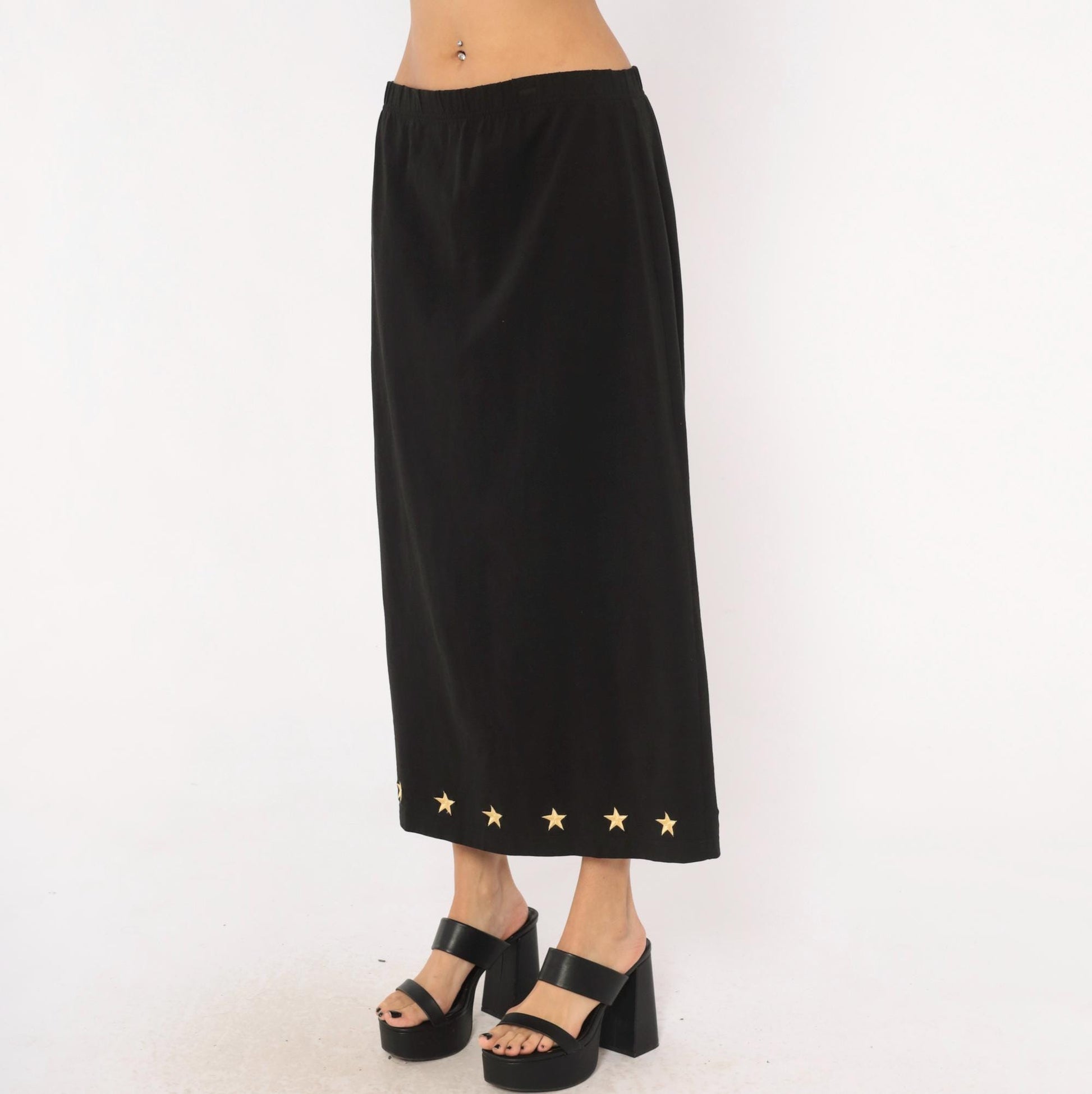 90s Quacker Factory Black Midi Skirt Gold Star Embroidered Medium M