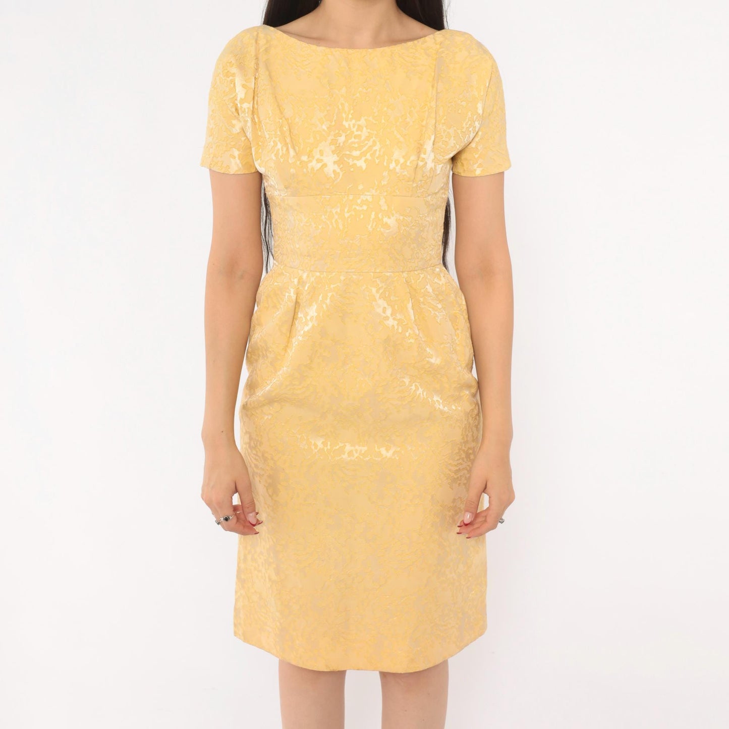 60s Gold Jacquard Sheath Dress Boat Neck Brocade Pencil Skirt Extra Small XS