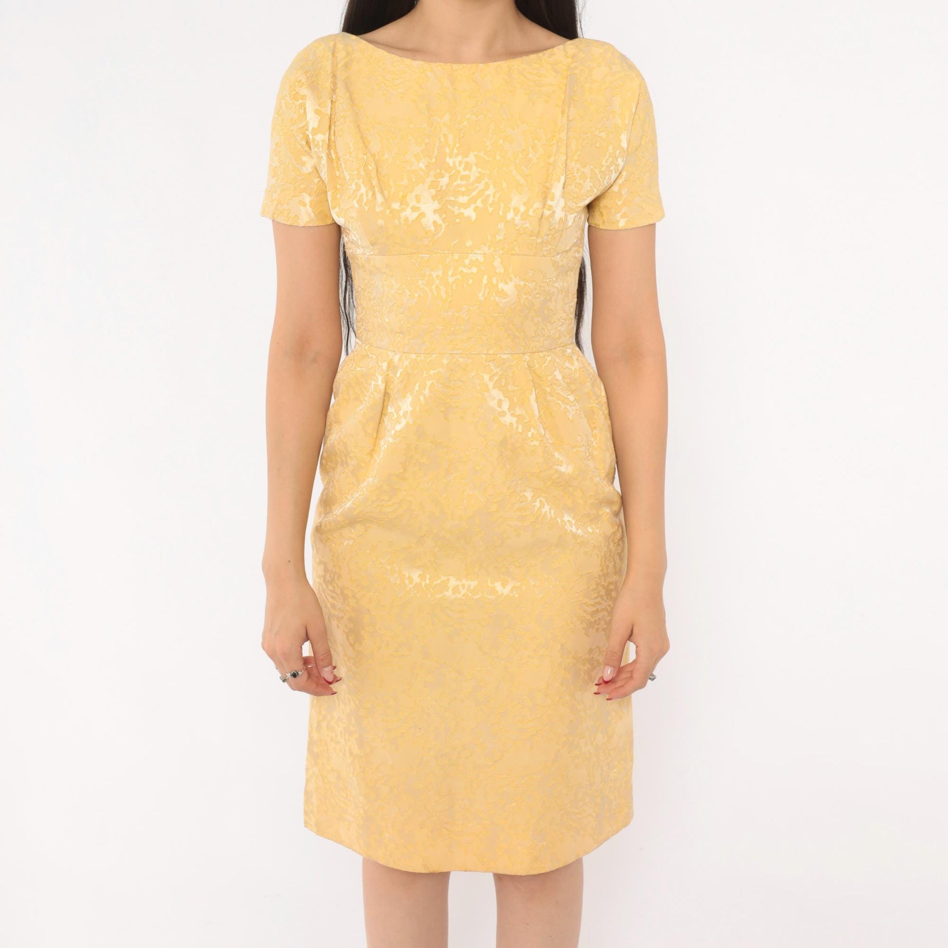 60s Gold Jacquard Sheath Dress Boat Neck Brocade Pencil Skirt Extra Small XS