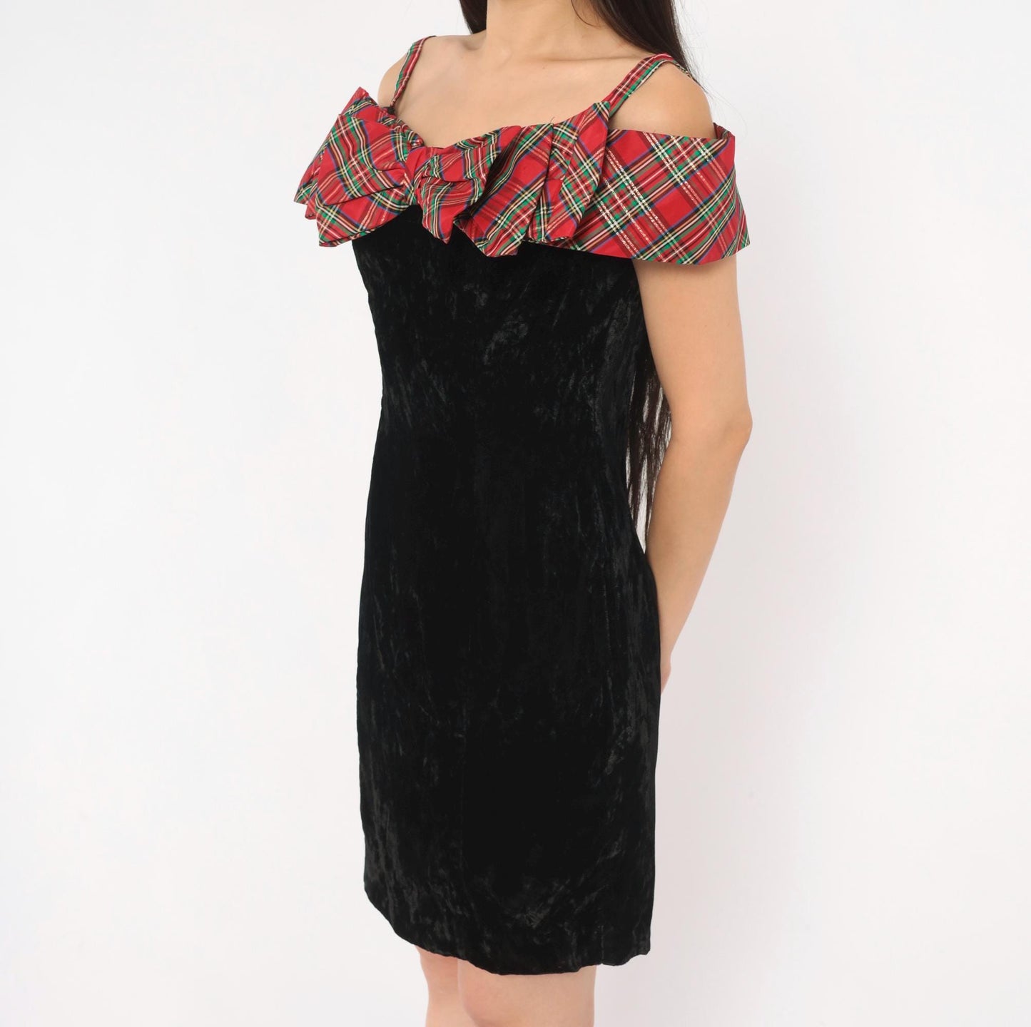 90s Badge Black Crushed Velvet Mini Dress Red Tartan Ruffle Off-Shoulder Extra Small XS