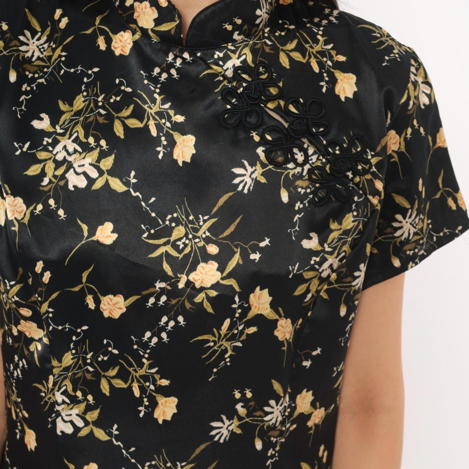 90s Dby Cheongsam Dress Black Gold Floral Brocade Mandarin Collar Mini Medium M
