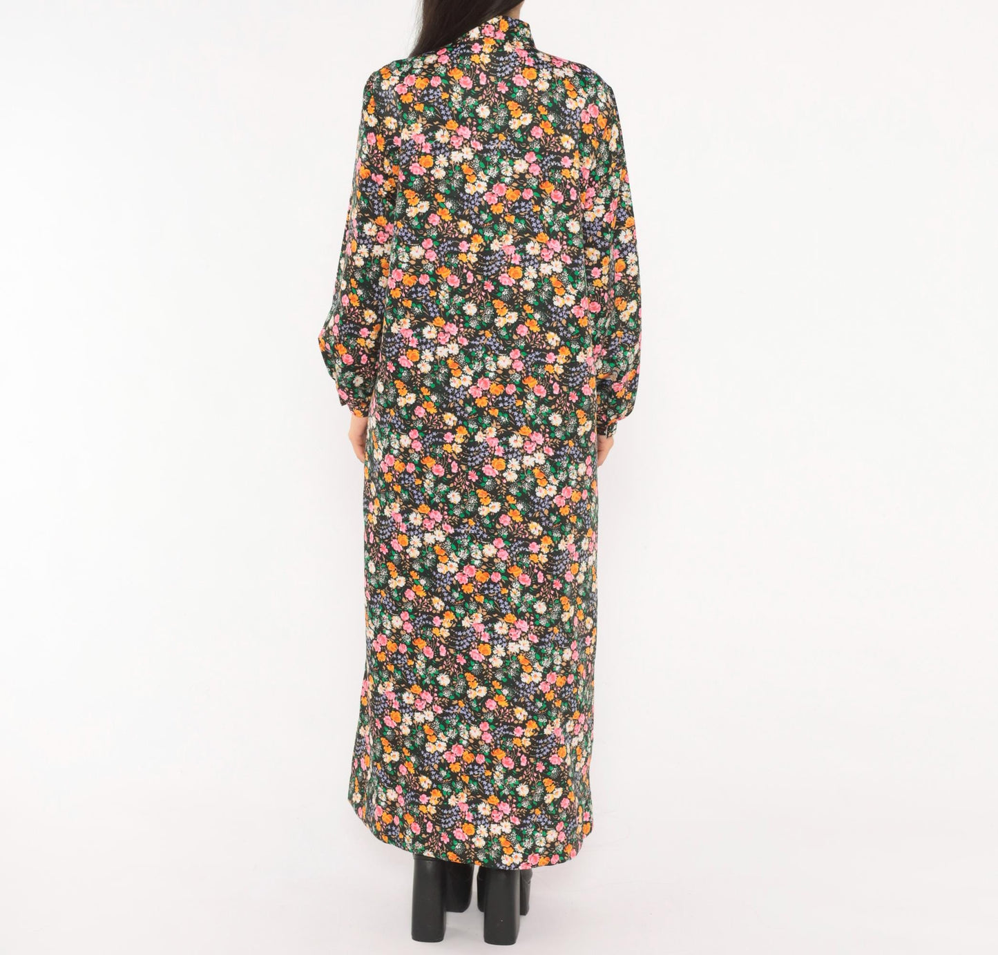 70s Atkins Black Floral Maxi Dress Bell Sleeve Bow Neck Garden Print Medium M