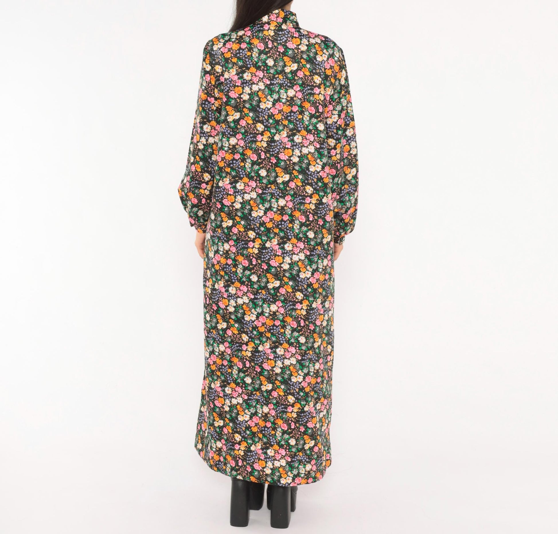 70s Atkins Black Floral Maxi Dress Bell Sleeve Bow Neck Garden Print Medium M