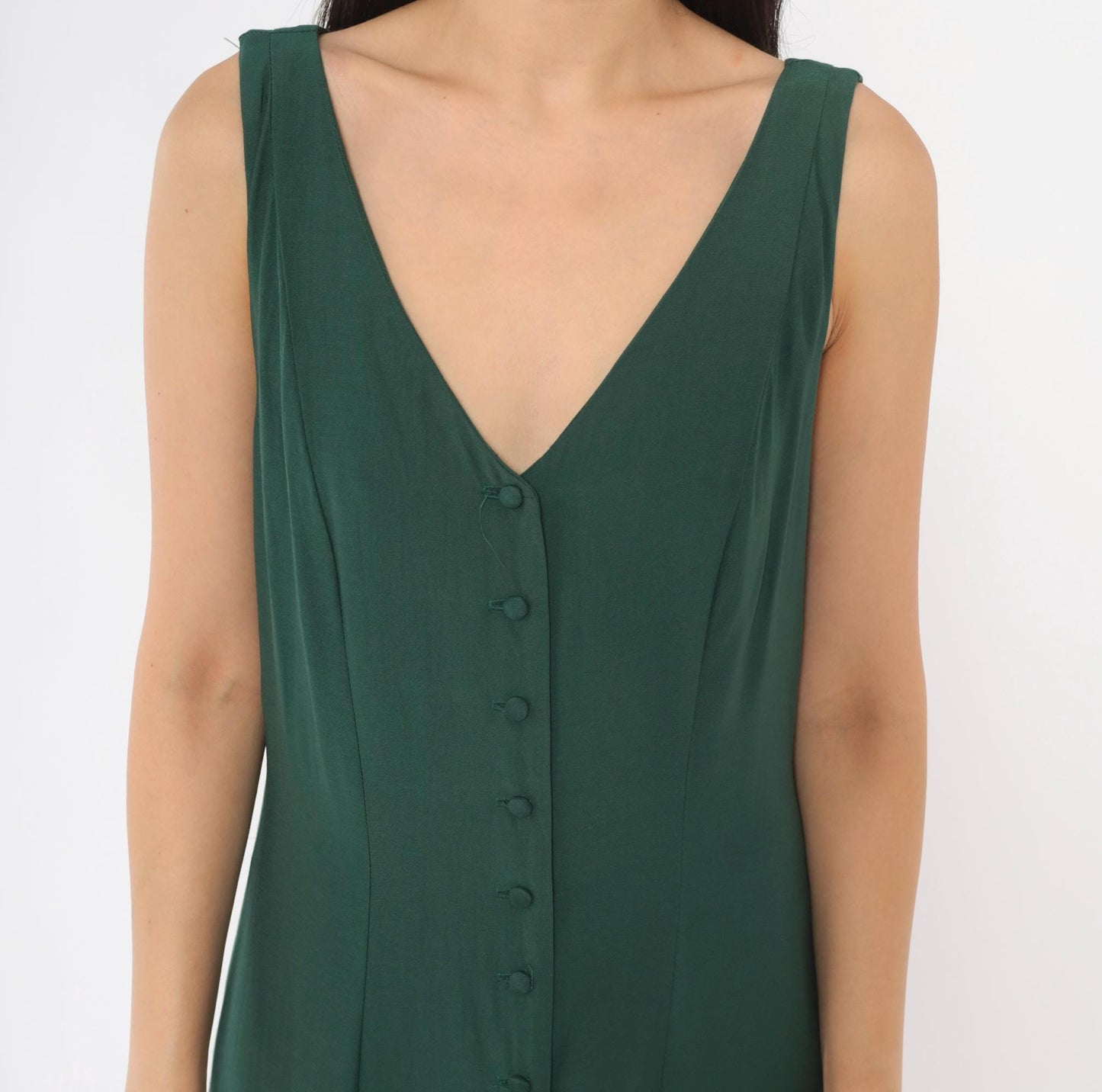 90s Olive Green Maxi Dress Sleeveless V Neck A Line Fitted Waist Medium M