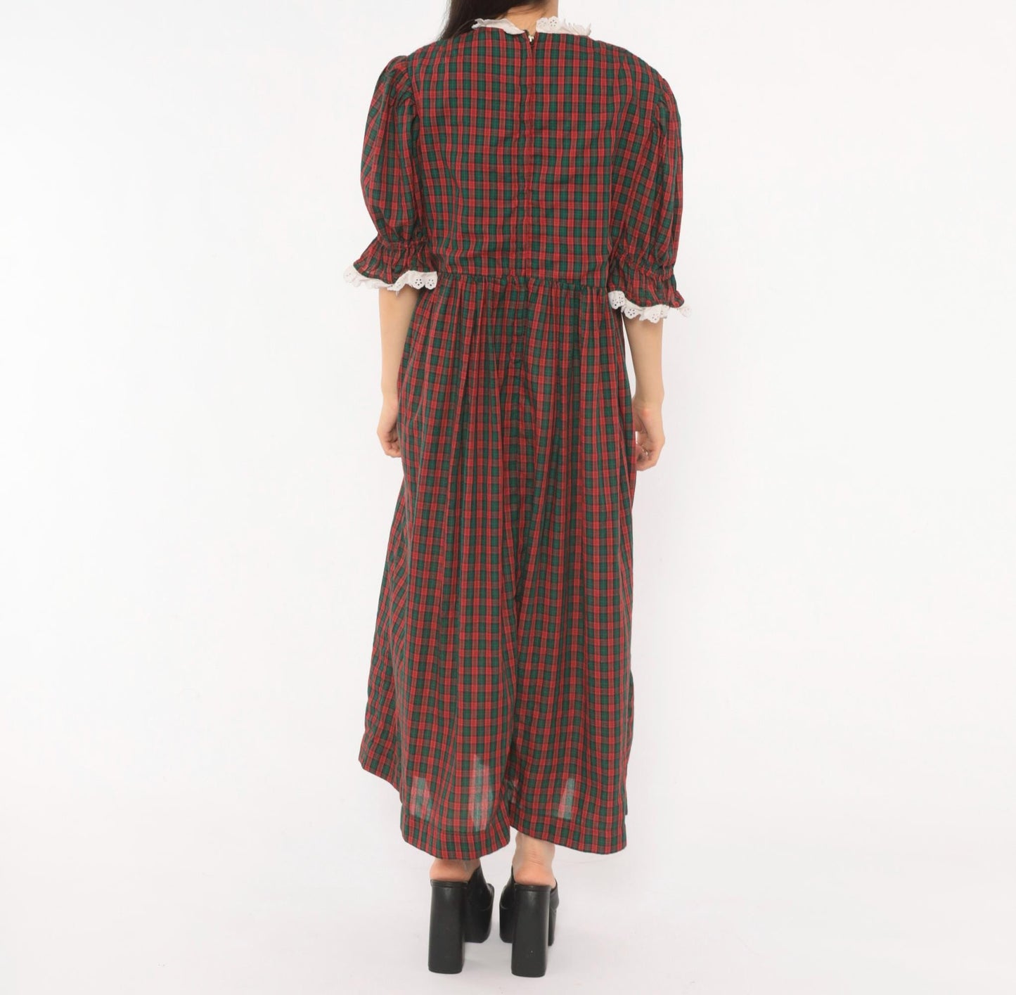 90s Red Green Tartan Maxi Dress Puff Sleeve Eyelet Lace Cotton Large L