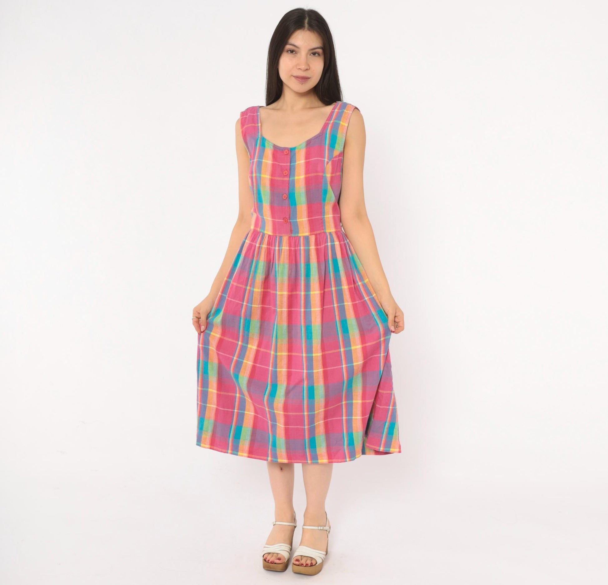 90s Madras Plaid Sundress Pink Turquoise Cotton Button Front Mid-Calf Medium M