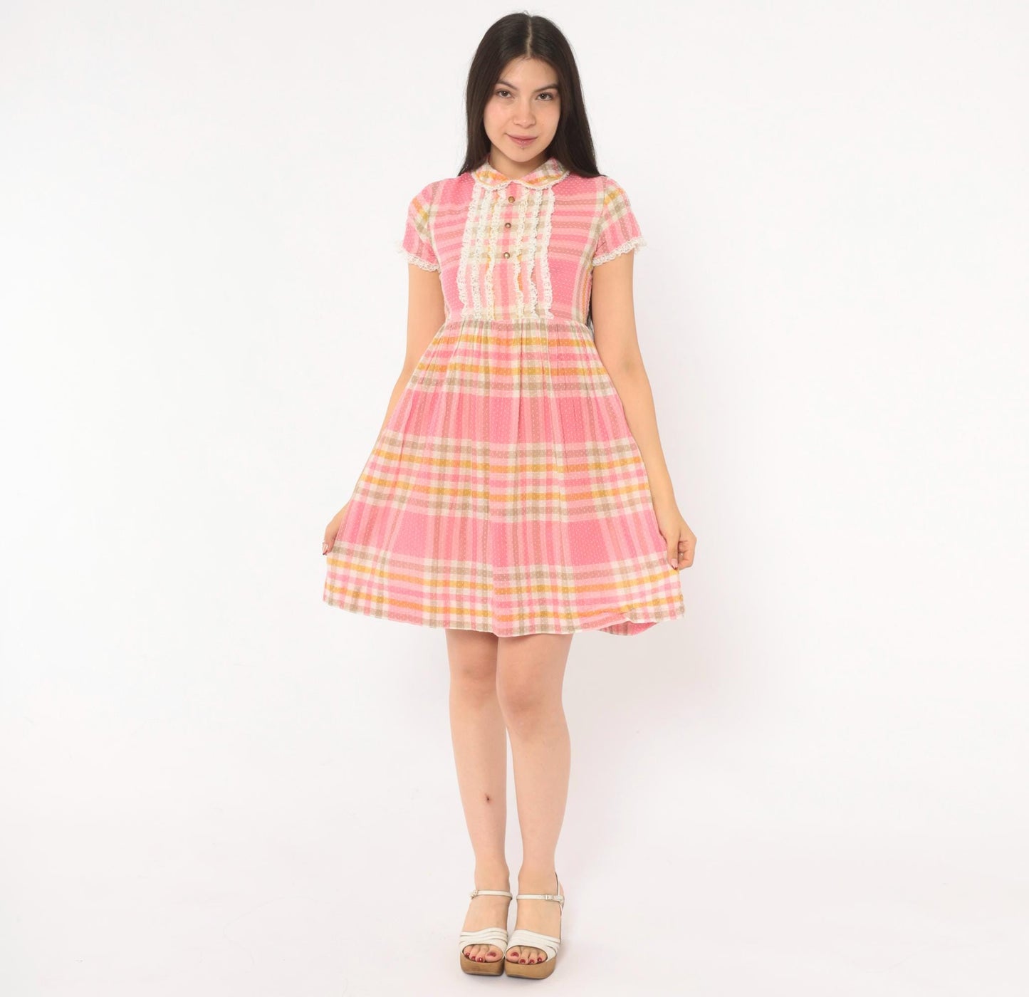 70s Pink Plaid Babydoll Dress Peter Pan Collar Lace Bib Mini XXS