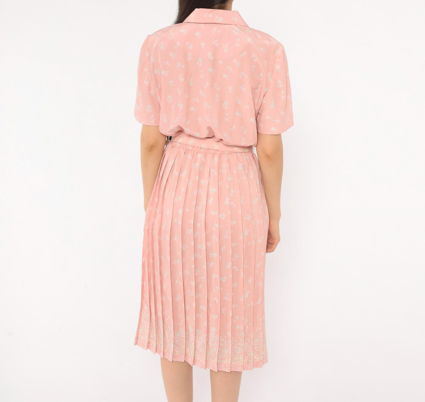 80s Leslie Fay Pink Floral Shirtdress Pleated Midi Notched Collar Small