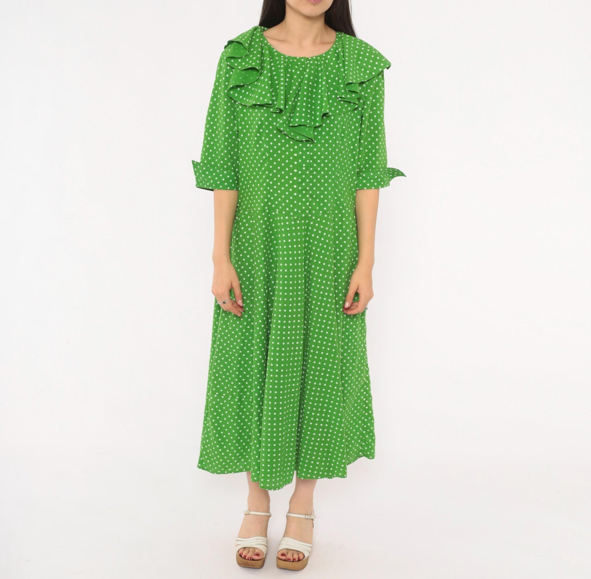 2000s Green White Polka Dot Cotton Midi Dress Ruffle Collar Puff Sleeve Large L