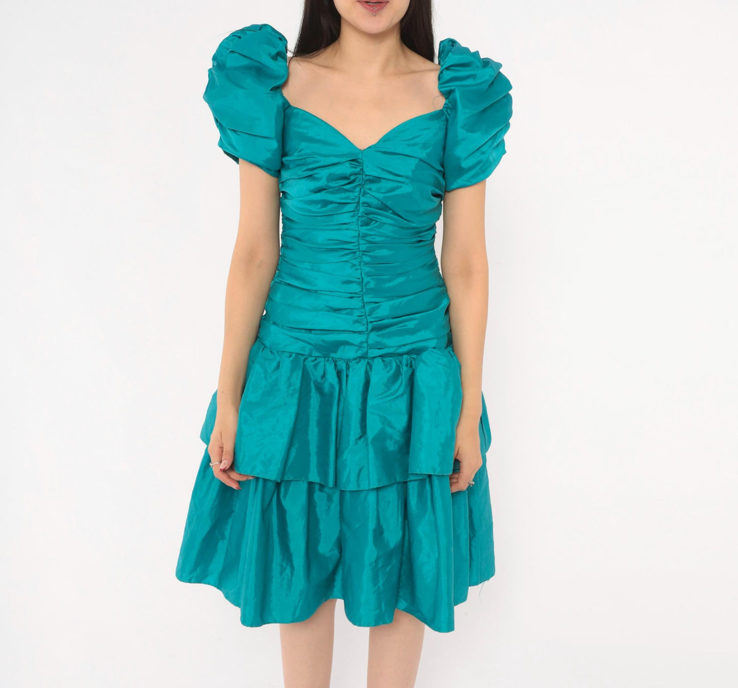 80s Teal Prom Dress Puff Sleeve Sweetheart Neckline Tiered Ruffle Skirt Small S