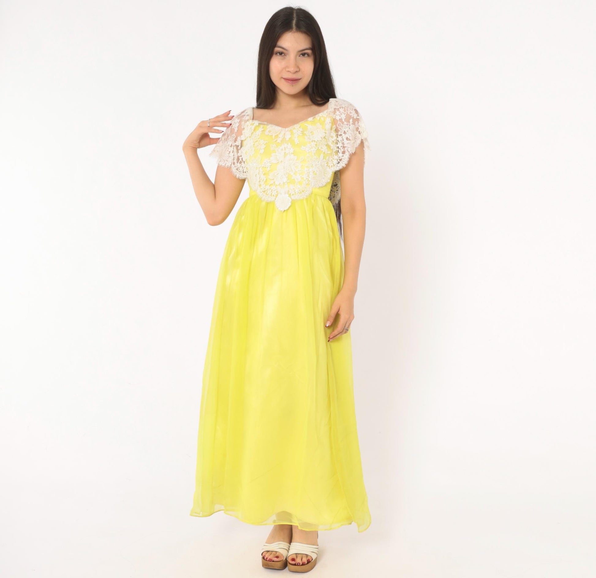70s Yellow Chiffon Maxi Dress White Lace Overlay Empire Waist V Neck Extra Small XS