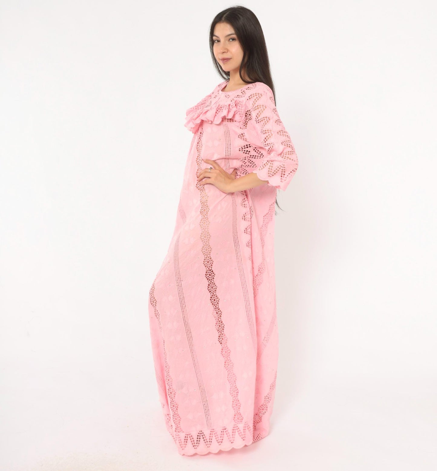 80s Pink Eyelet Lace Maxi Dress Cutwork Embroidered Puff Sleeve Medium M