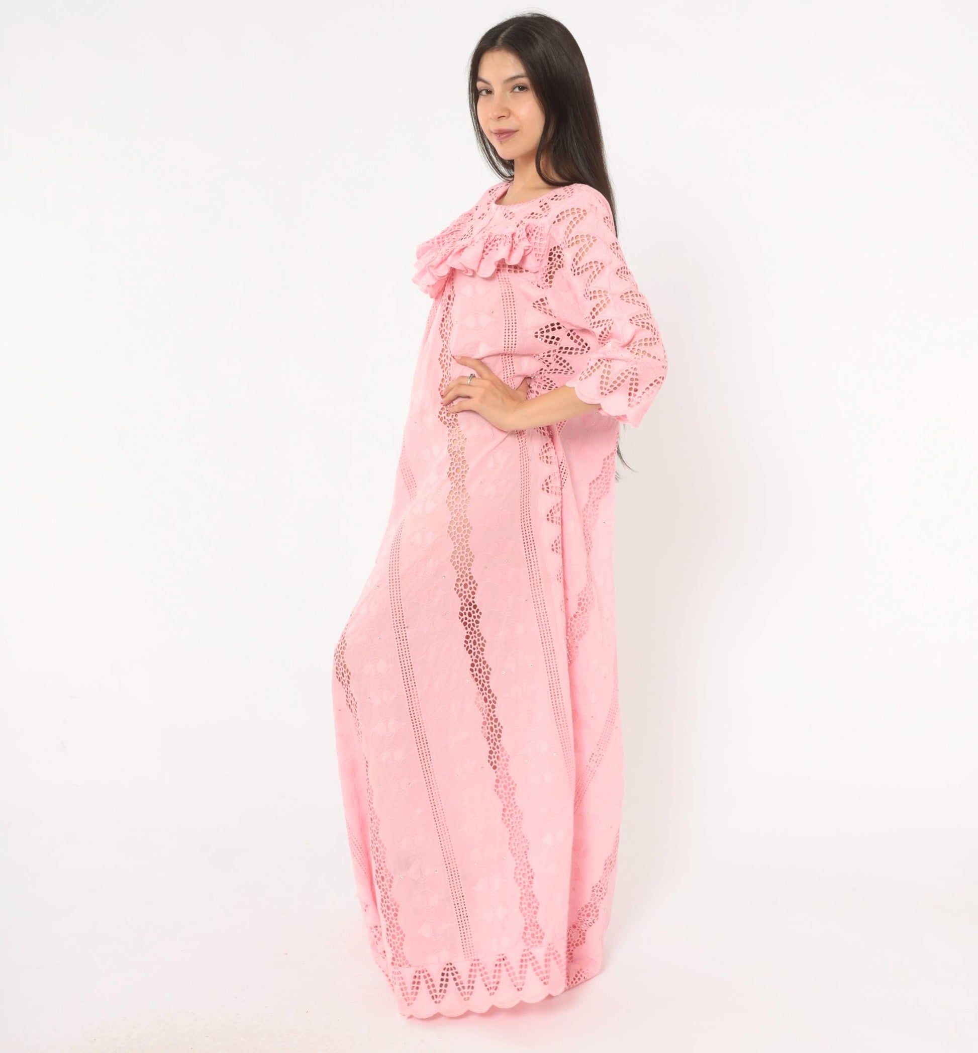 80s Pink Eyelet Lace Maxi Dress Cutwork Embroidered Puff Sleeve Medium M