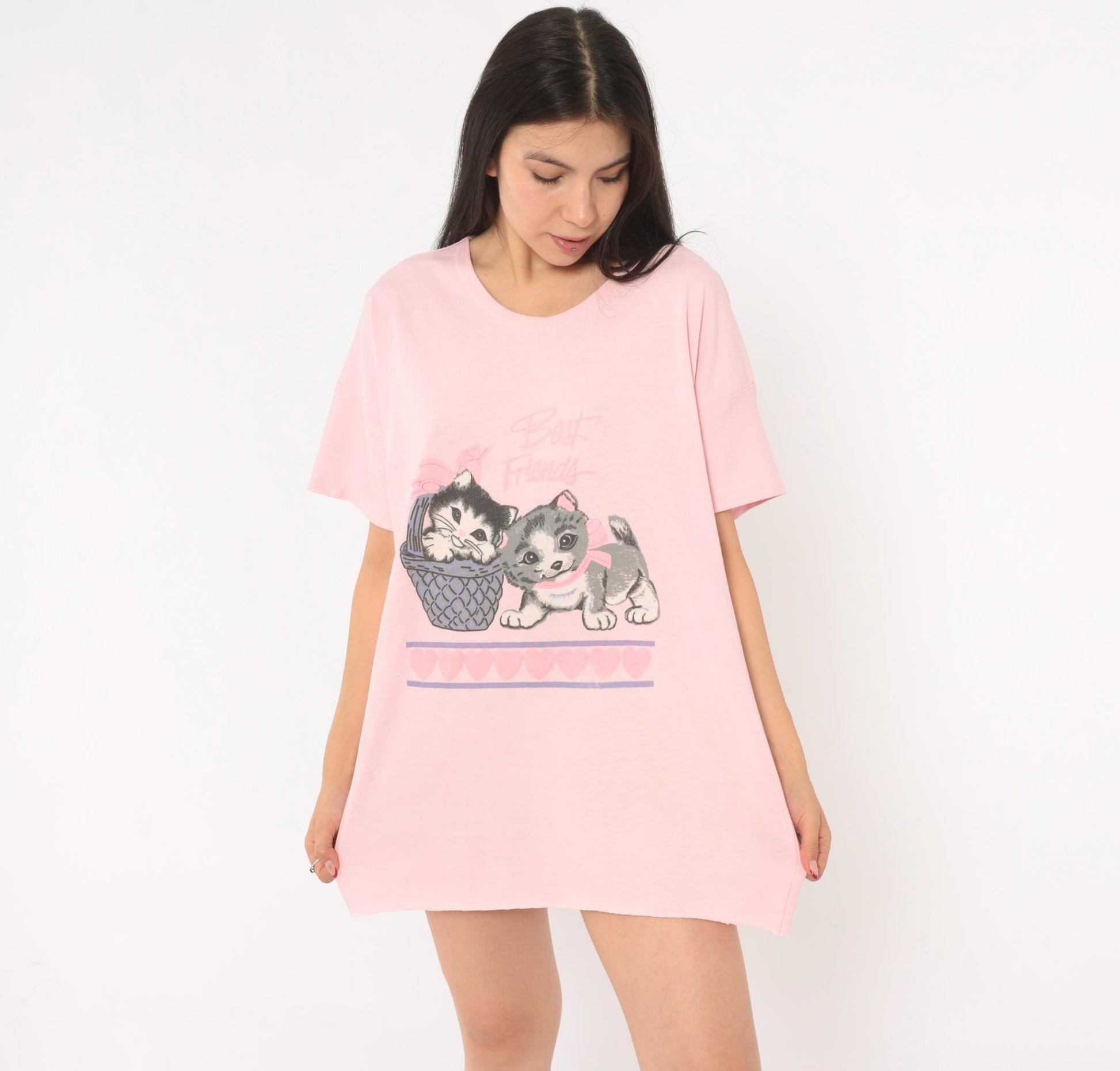 90s Best Friends Kitten Pink Sleep Shirt Cotton Graphic Tee One Size
