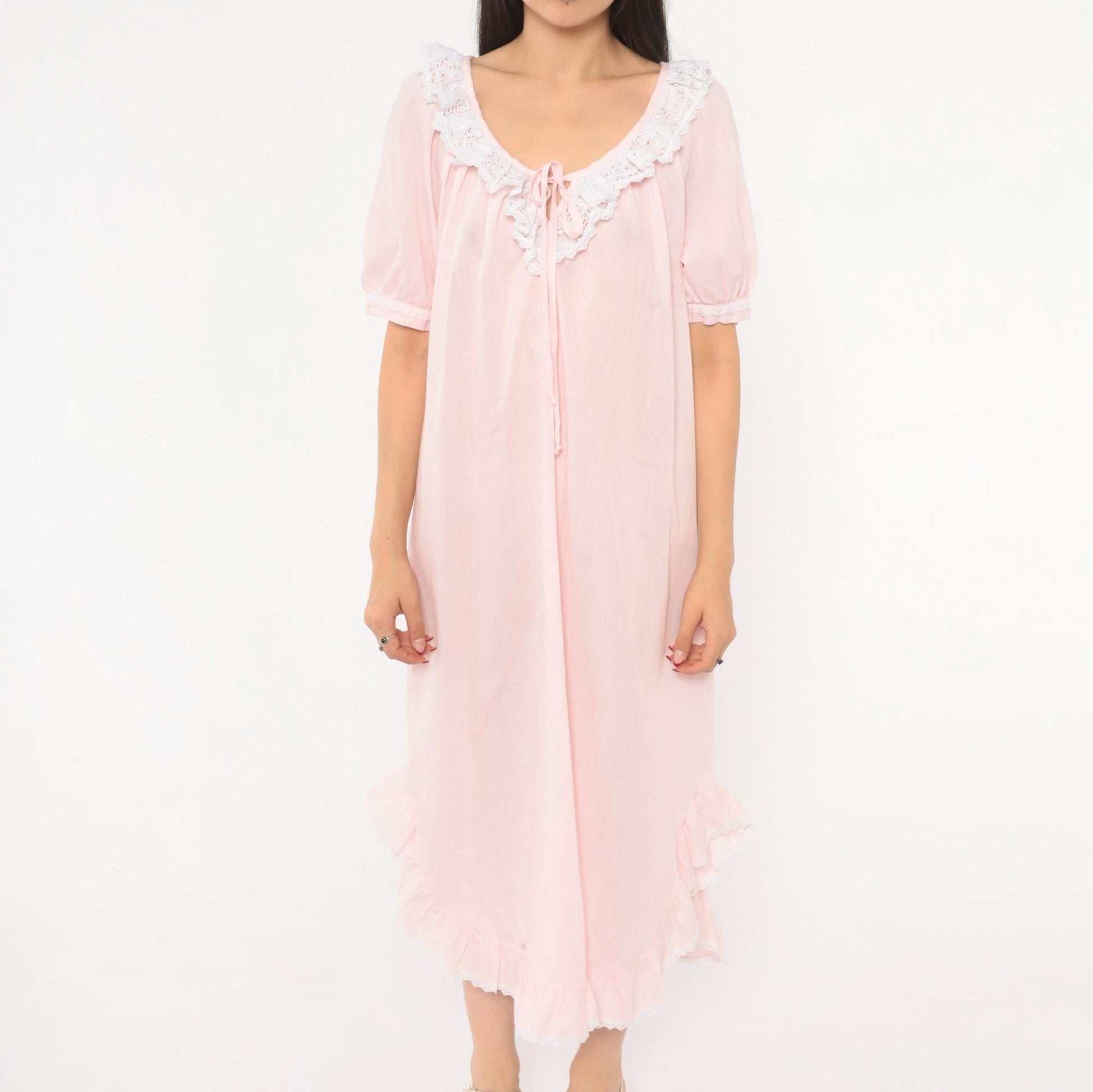90s Apostrophe Pink Lace Nightgown Puff Sleeve Tie Front Medium M