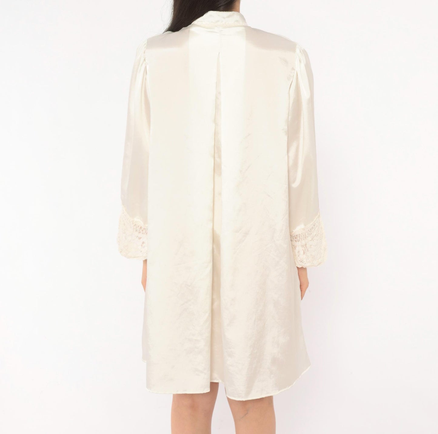 80s Iris Satin Babydoll Robe Cutwork Lace Mandarin Collar Puff Sleeve Cream Large L