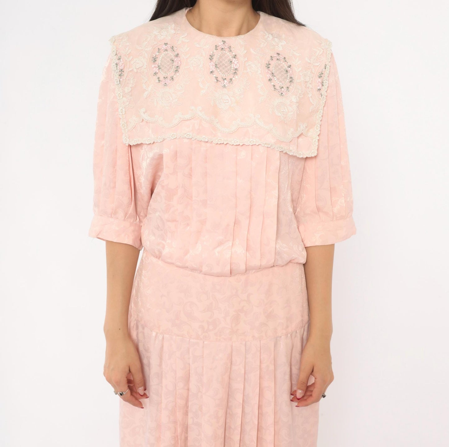 80s Nilani Blush Pink Maxi Dress Lace Cape Collar Floral Jacquard Small