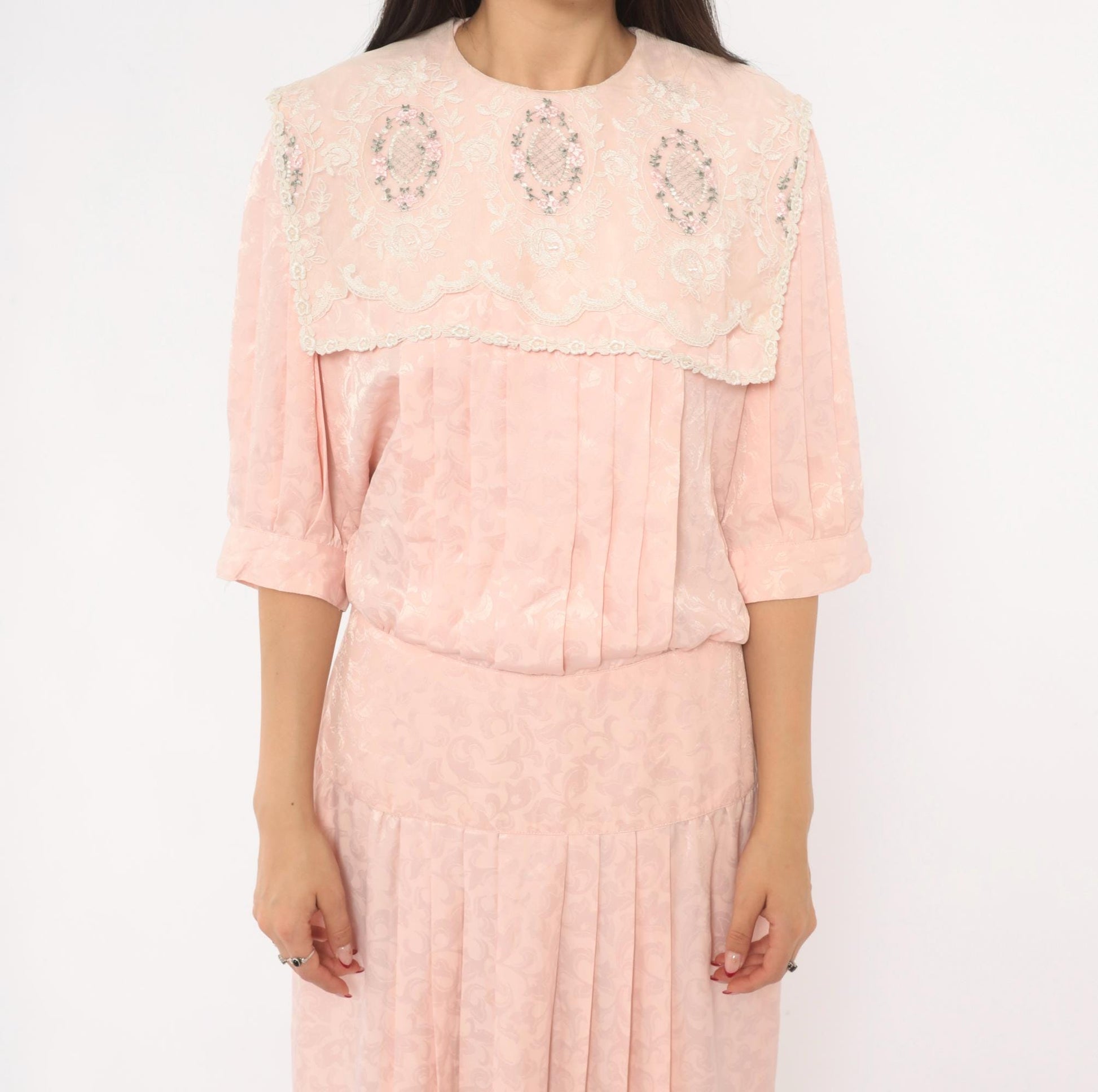 80s Nilani Blush Pink Maxi Dress Lace Cape Collar Floral Jacquard Small