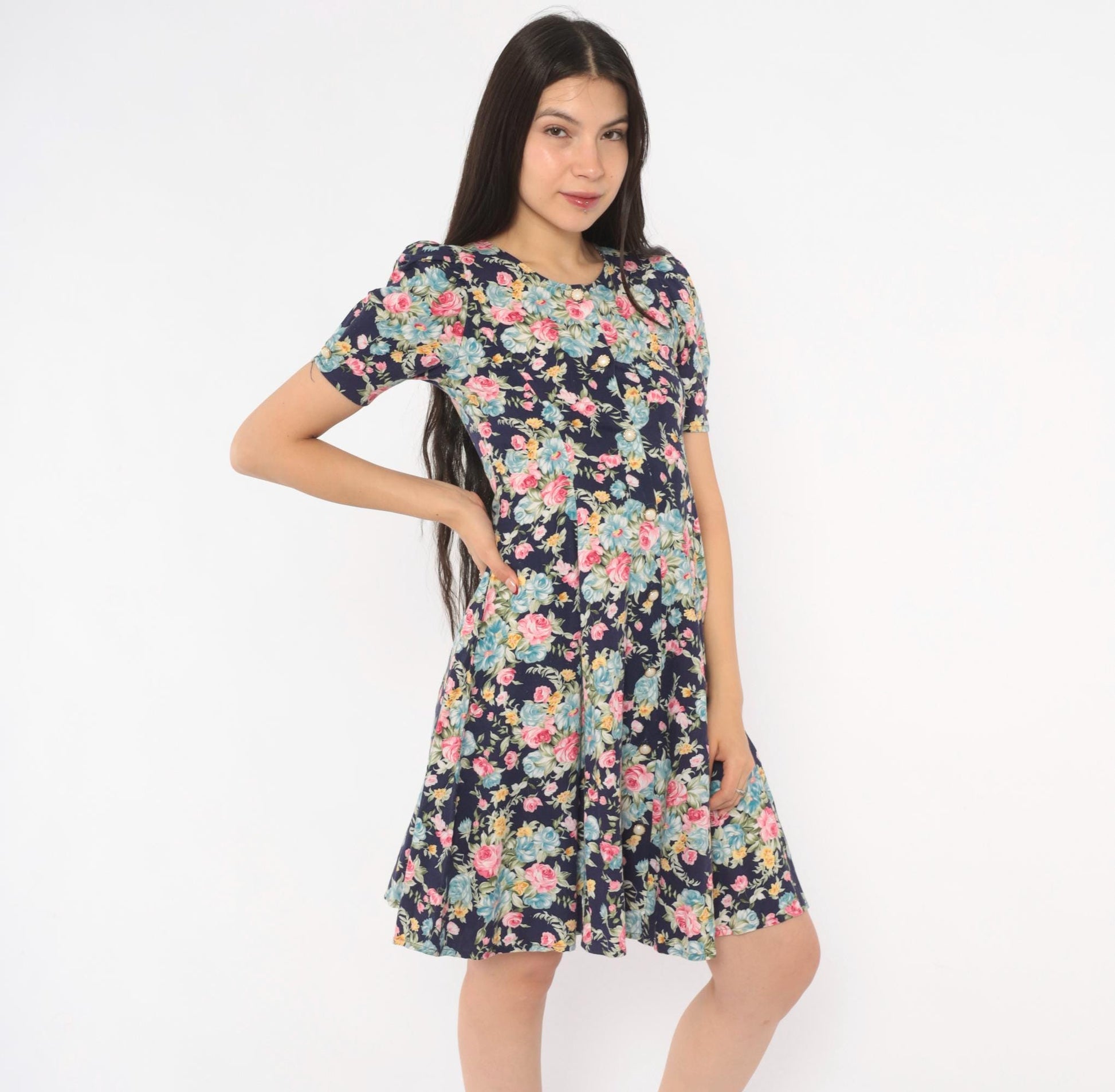90s Sweet Soda Floral Mini Dress Navy Puff Sleeve Lace-Up Cotton XXS