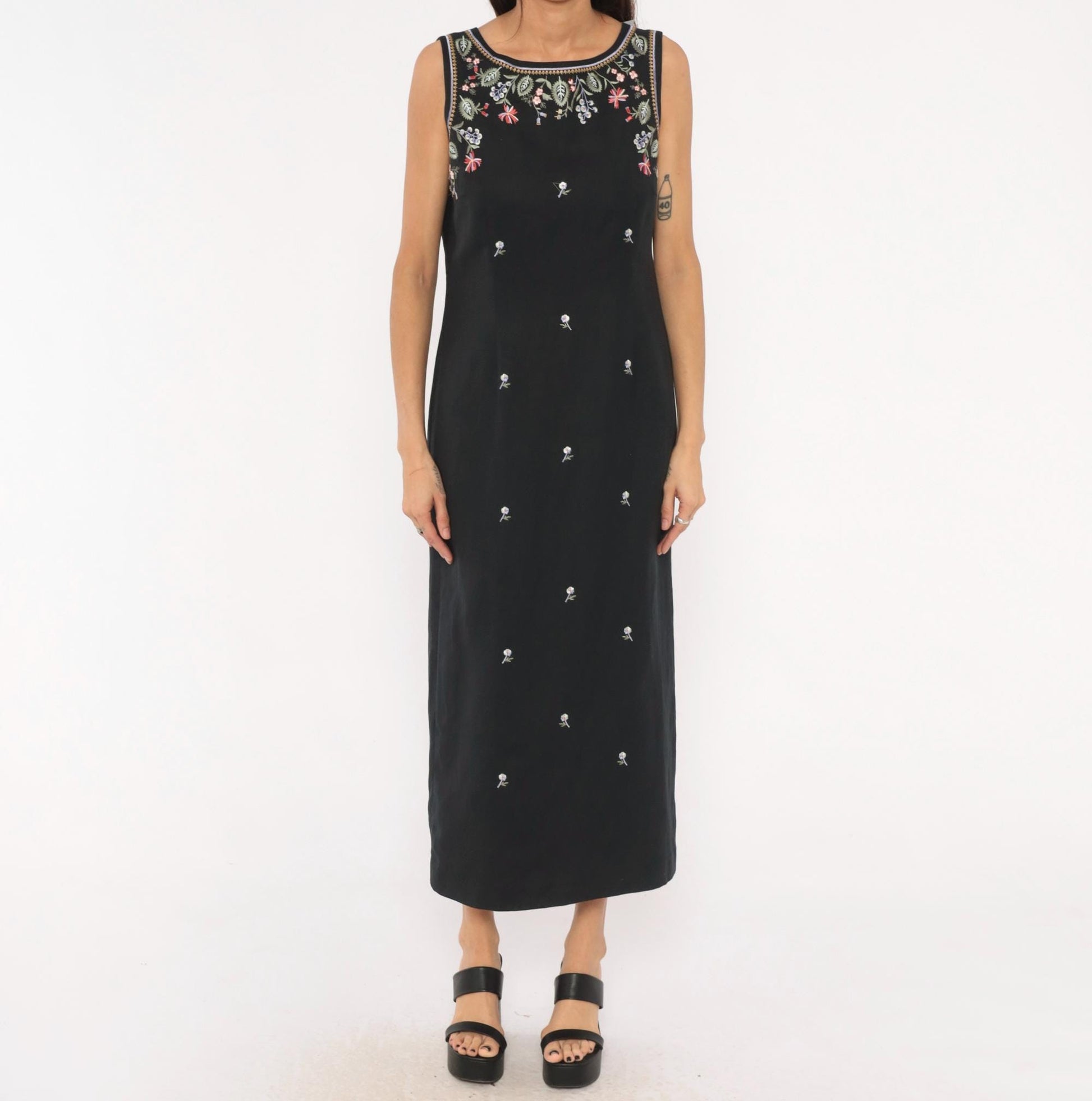 90s Jennifer Eden Black Embroidered Floral Maxi Dress V-Back Slit Medium M