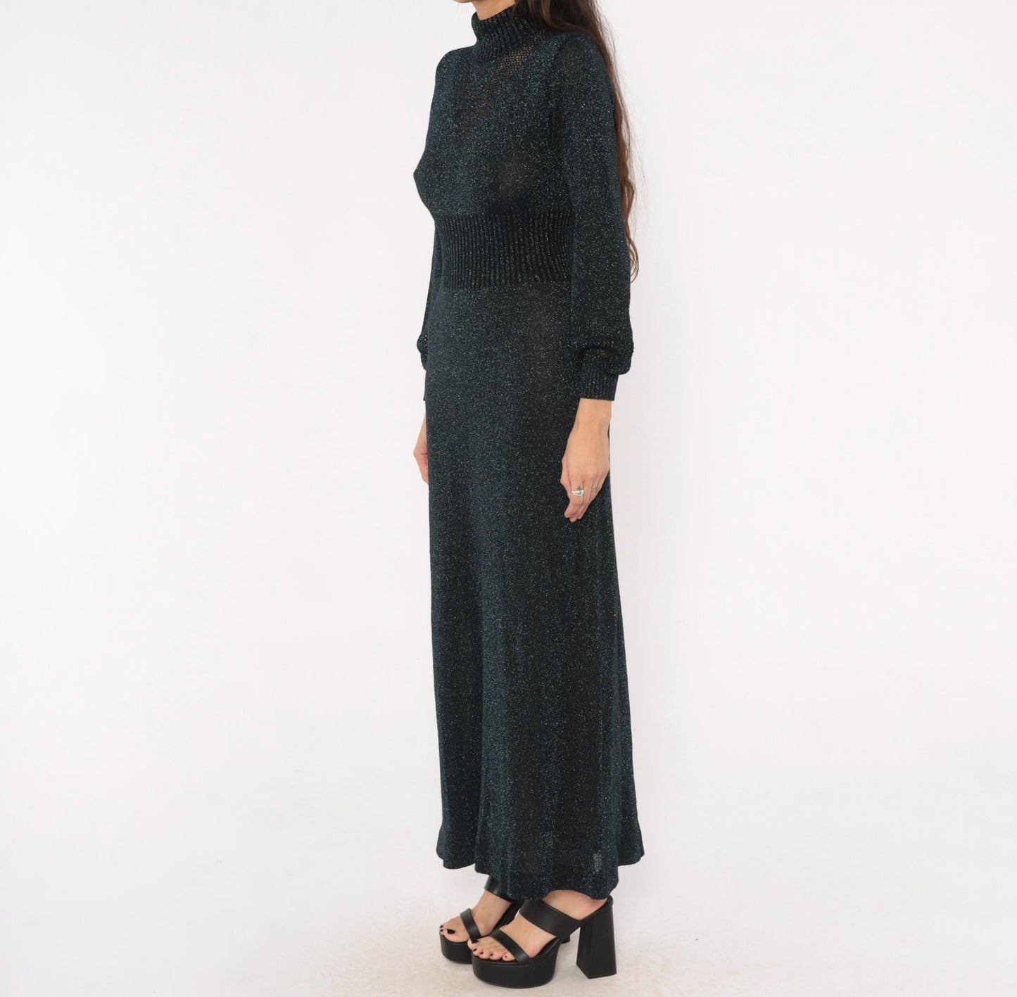 70s Wenjilli Navy Lurex Knit Maxi Dress Metallic Chevron Panel Bishop Sleeve Small