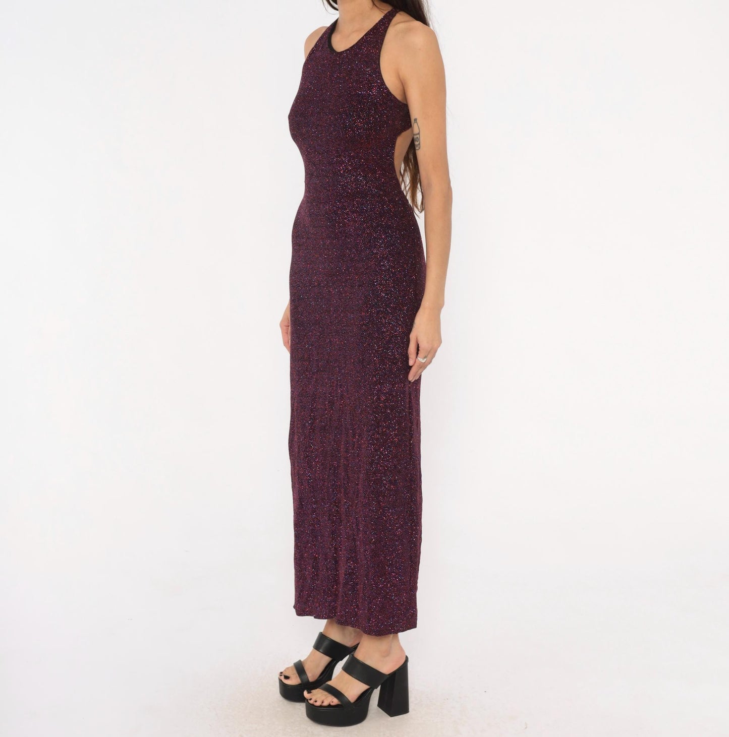 90s Jump Glitter Halter Maxi Dress Plum Purple Open Back Small S