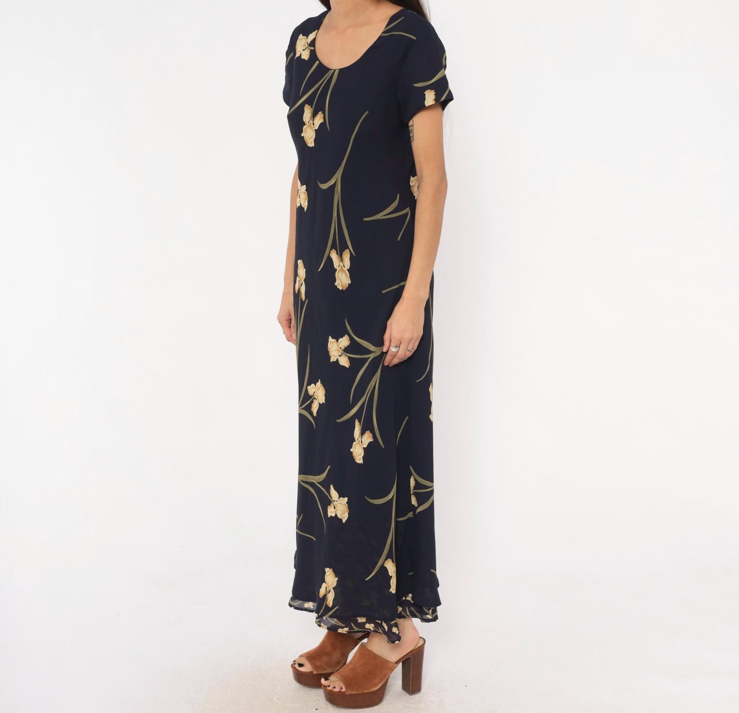 90s Jessica Howard Navy Iris Maxi Dress Botanical Print Medium M