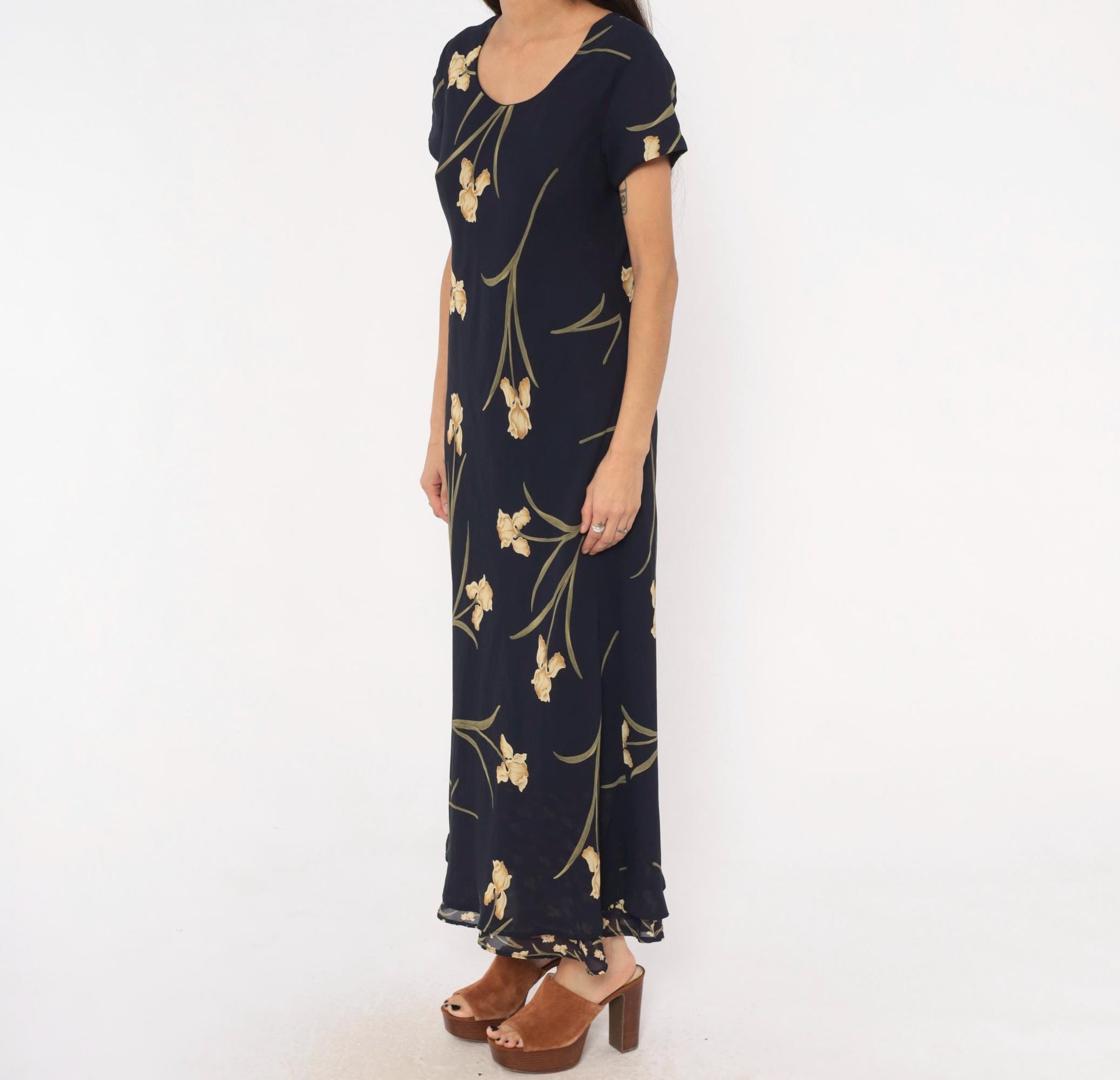 90s Jessica Howard Navy Iris Maxi Dress Botanical Print Medium M