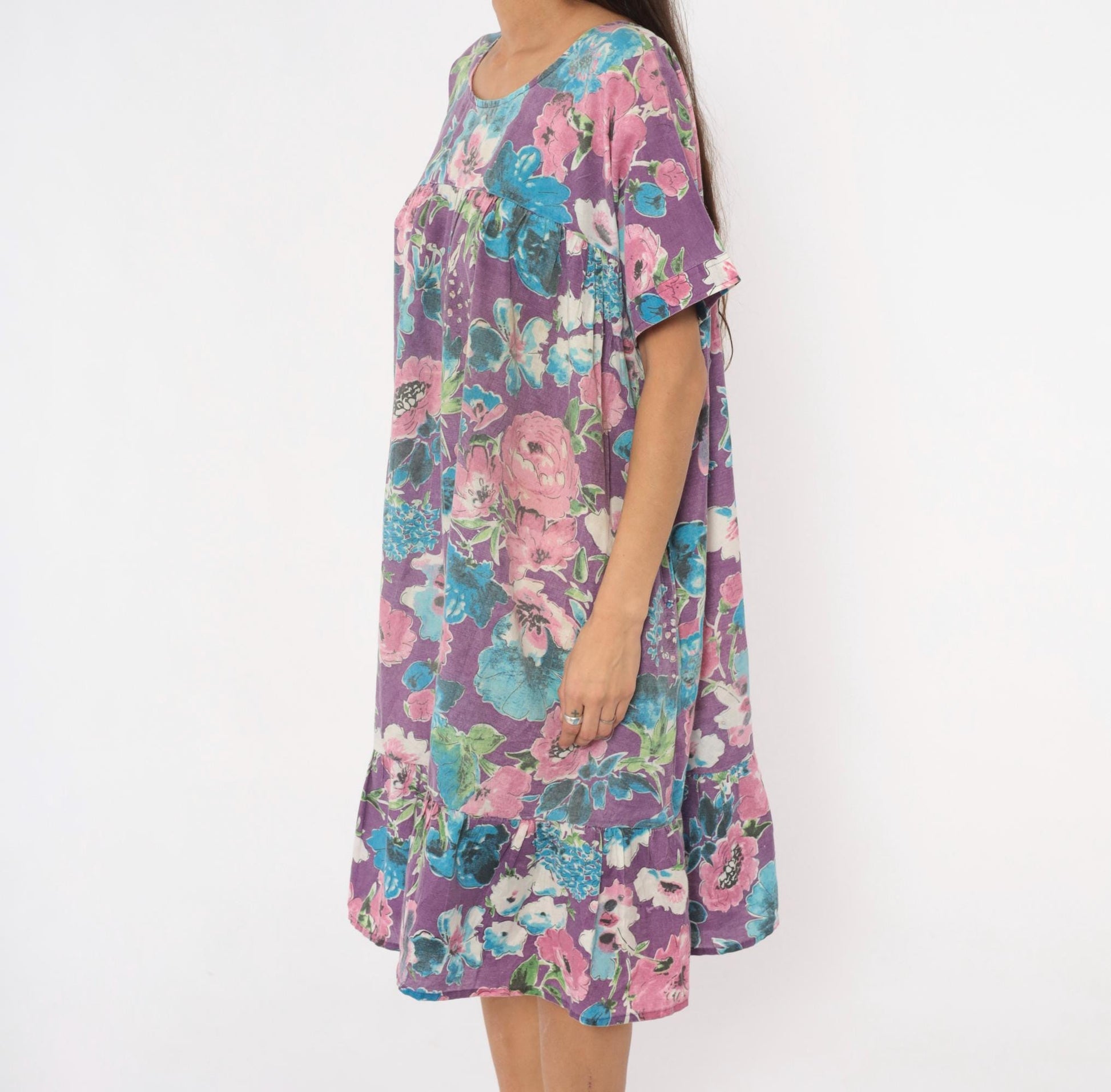 80s CW Classics Floral Watercolor Cotton Dress Purple Pink Blue Knee Length Small