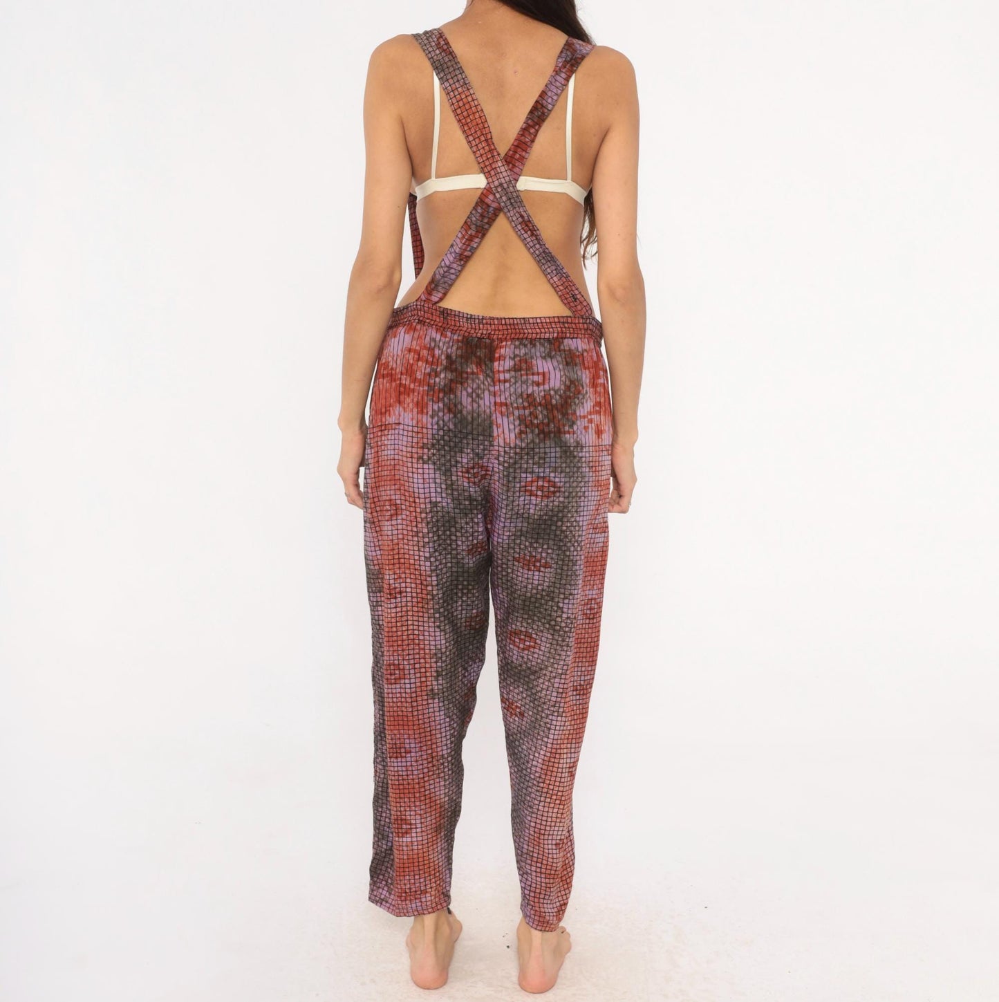 90s Tie Dye Suspender Pants Grid Print Pleated Trousers Purple Brown Medium M