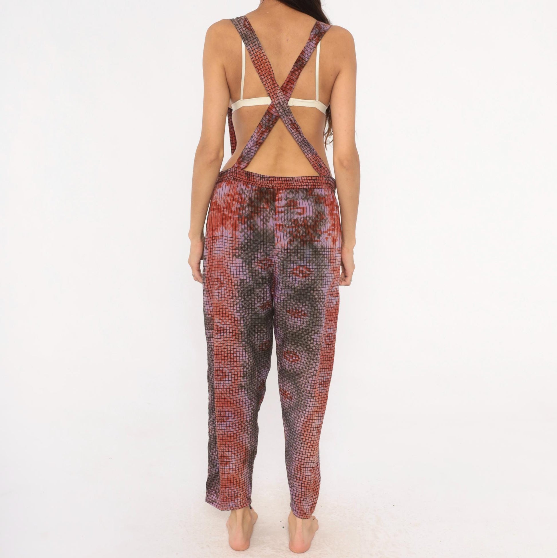 90s Tie Dye Suspender Pants Grid Print Pleated Trousers Purple Brown Medium M