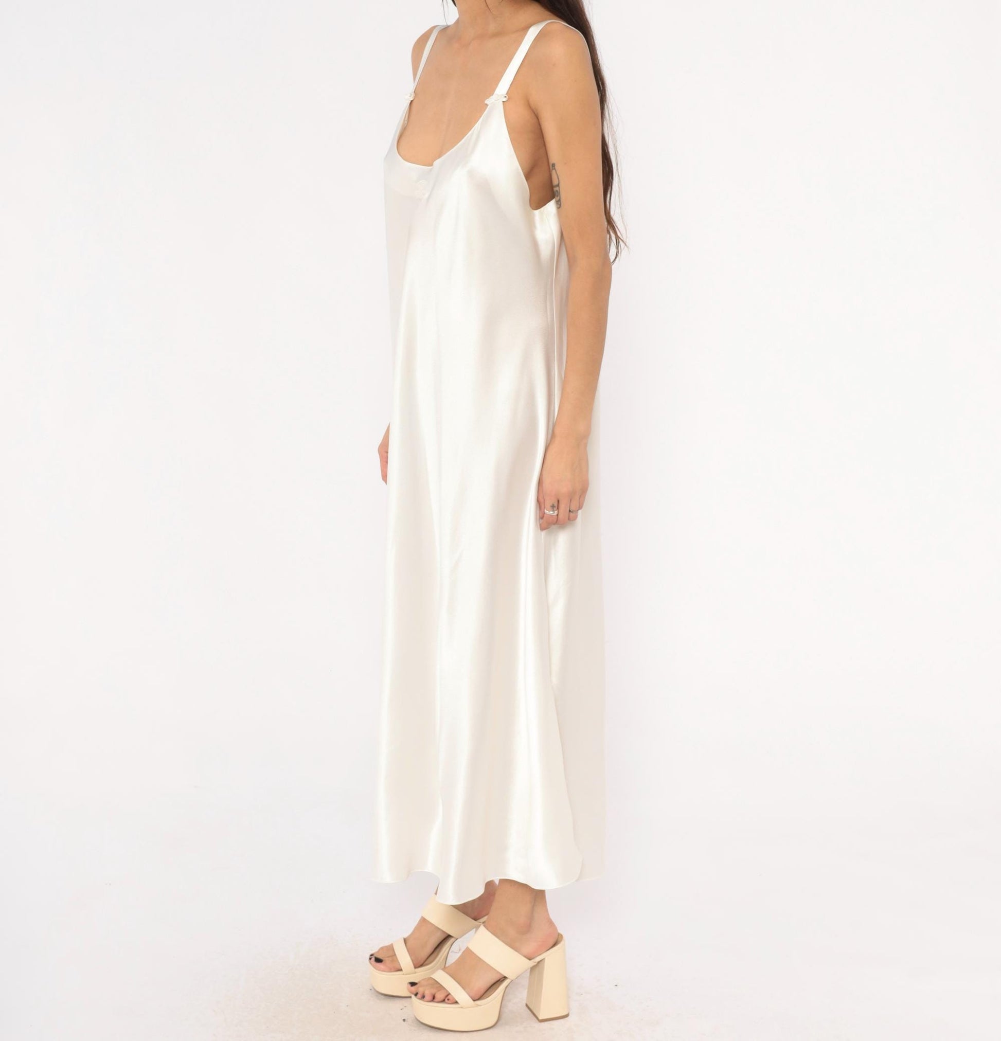 90s Oscar De La Renta Cream Satin Slip Dress Bow Detail Ankle Length Plus Size 1X