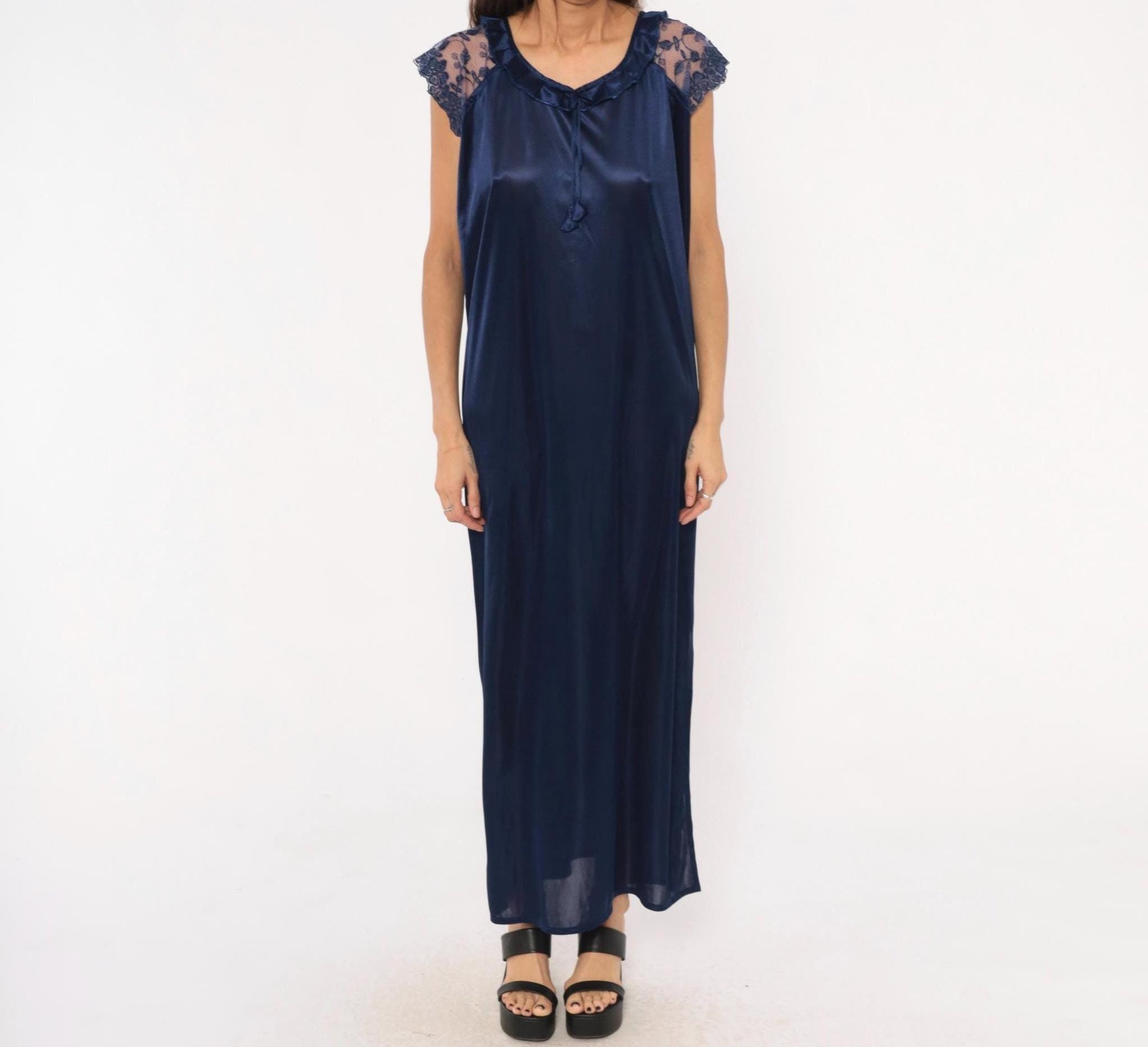80s Navy Satin Nightgown Lace Cap Sleeve V-Neck Maxi Slip Dress Large