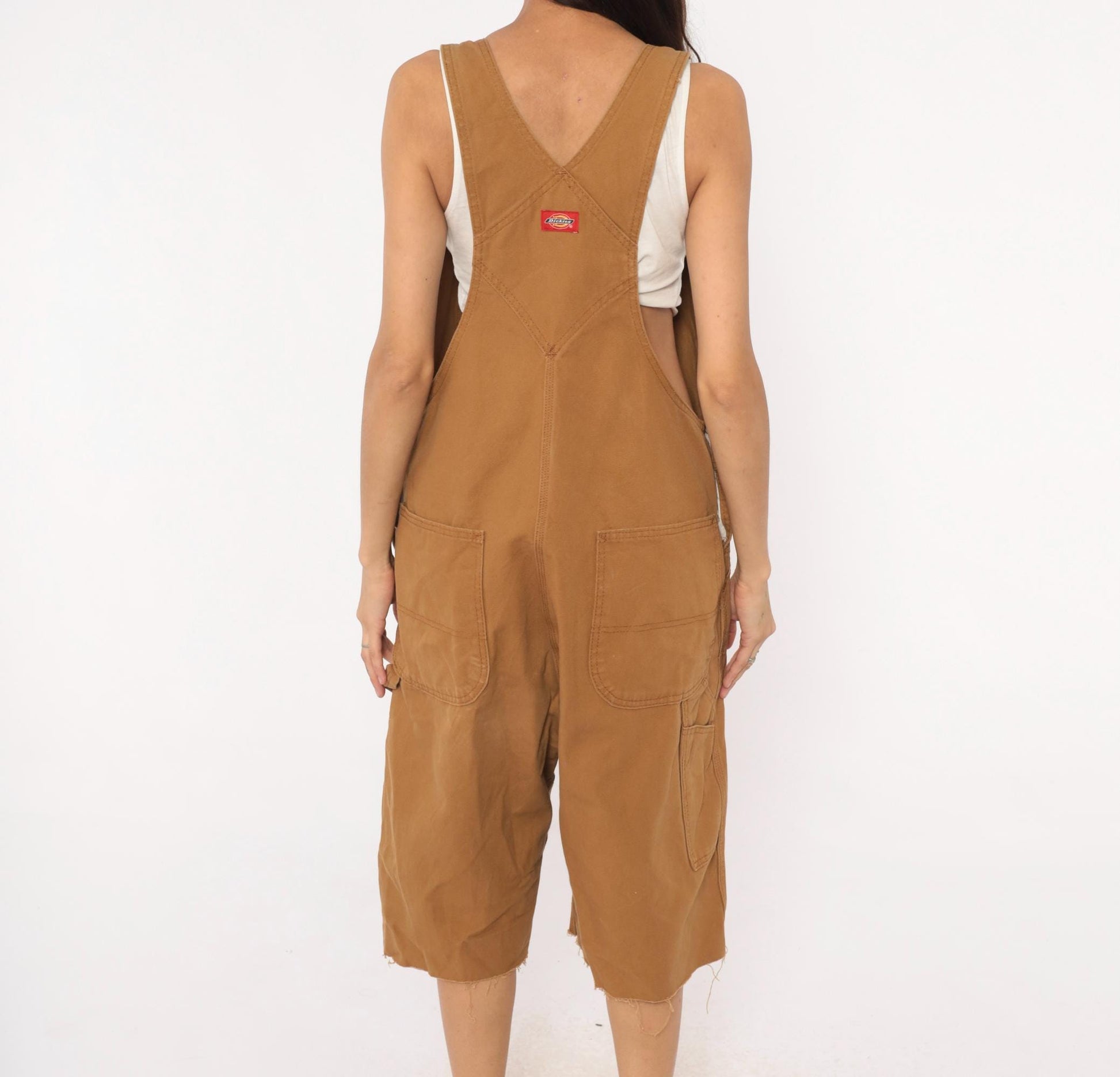 Dickies Canvas Bib Shortalls Cut-Off Shorts Tan Cargo Workwear Large L